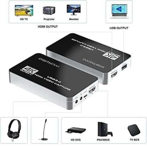 DigitPro Digitpro 4K HDMI Video Capture Card, USB 3.0 with Microphone and Earphone HDMI Loop-Out, 4k 60Hz Video Recorder for Broadcast Live, Record via DSLR, Camcorder, or Action Cam