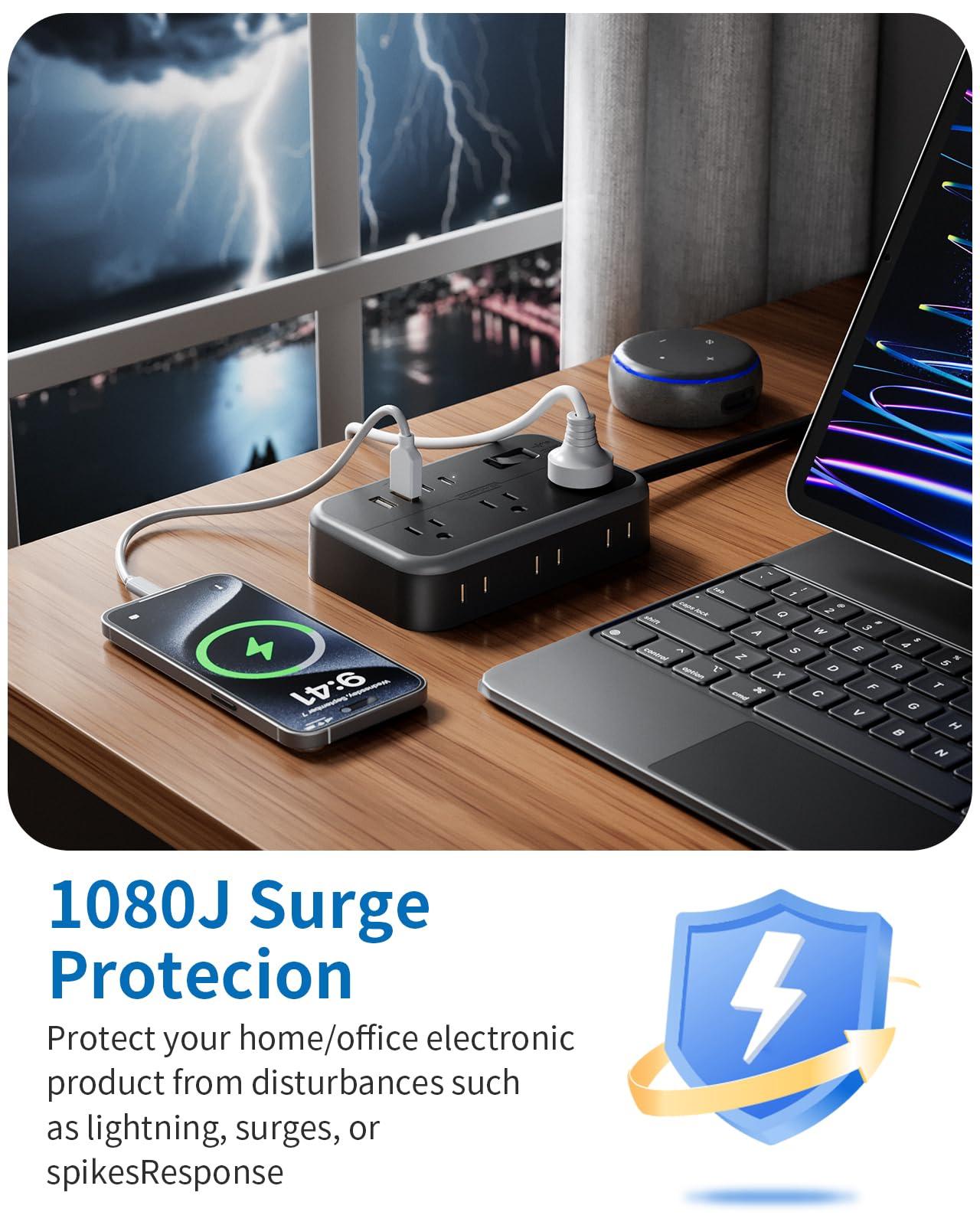 NTONPOWER NTONPOWER 2 Prong Power Strip with 2 USB C+ 2 USB A, 1875W/1080J 2 Prong Surge Protector with 180 Rotating Flat Plug, 2 Prong Extension Cord with 6 AC Outlets, 2 Prong to 3 Prong Outlet Adapter