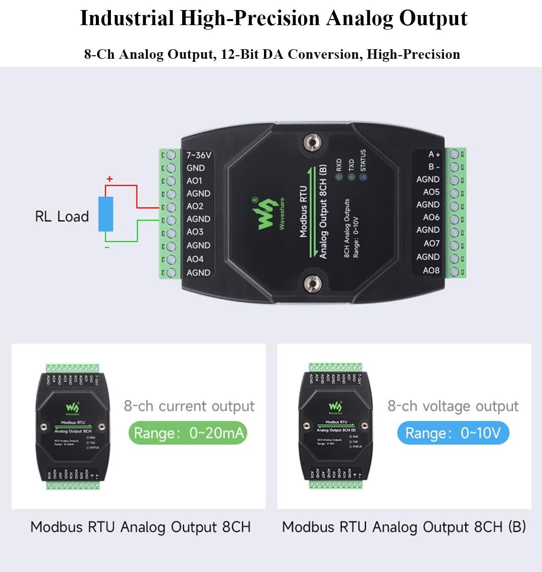 UeeKKoo Industrial 8-Ch Analog Output Module 12-bit DA Conversion DC 7~36V Wide Voltage Power Supply, Sending Modbus RTU Protocol Commands via RS485, 8-CH Simultaneous Current Output (0~20mA)