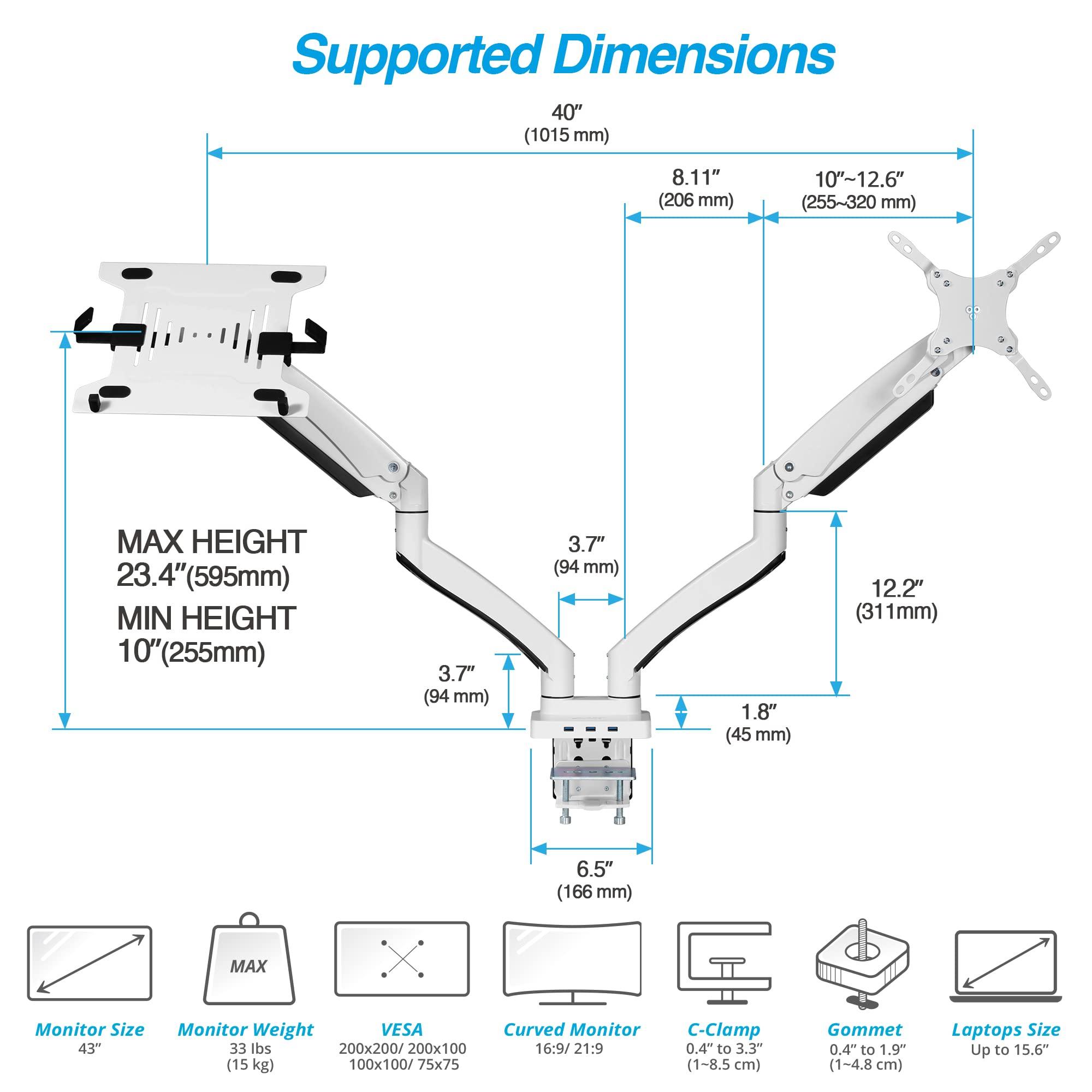 AVLT AVLT Dual 17-43\" Monitor Arm Desk Mount with 15\" Laptop Tray and USB-C Docking Station, HDMI 4K60Hz, USB-A 5Gbps, Ethernet, 100W PD, Fits Two Flat/Curved Monitor - White