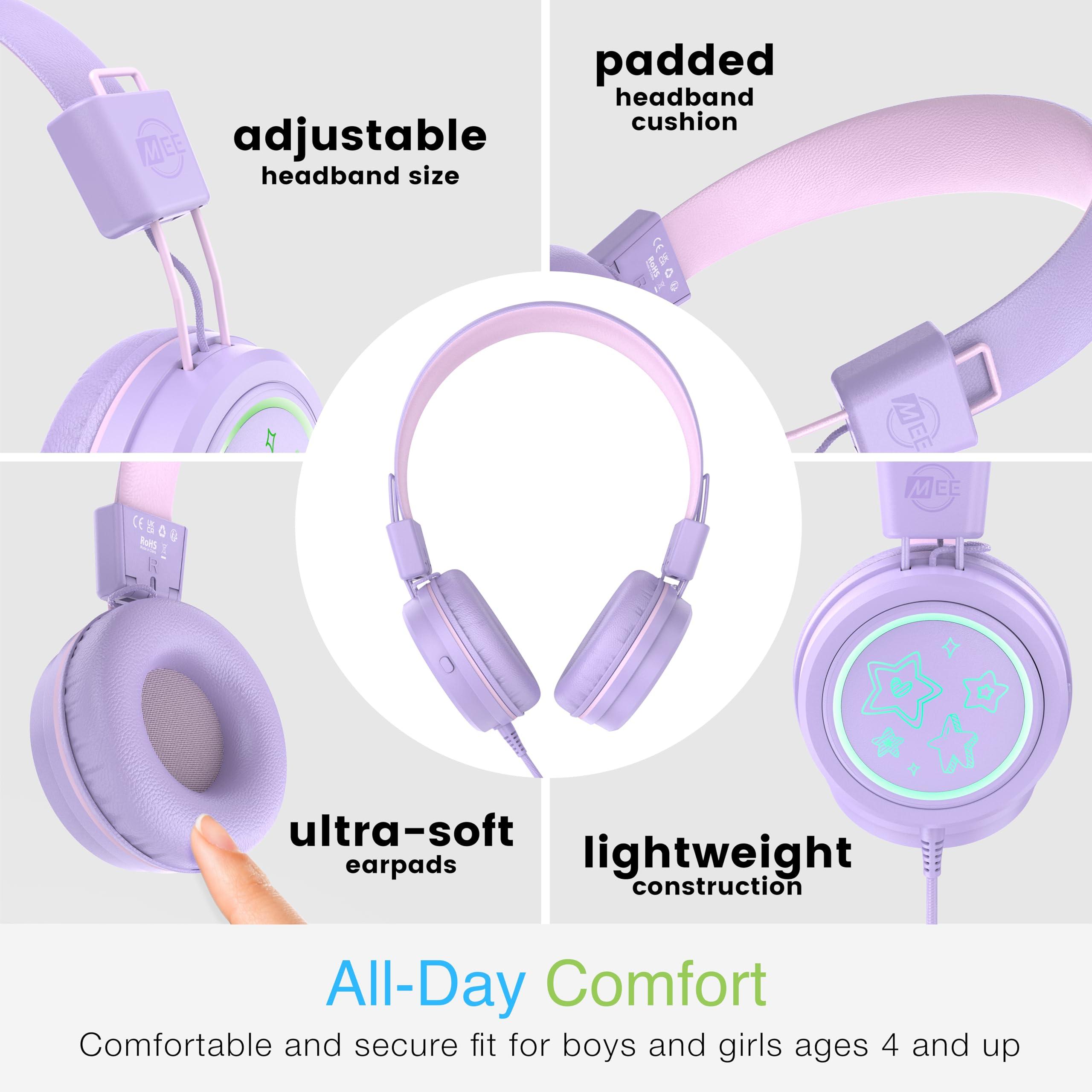 MEE audio MEE audio KidJamz KJ55 Personalized USB-C Safe Listening Wired Headphones for Kids with Custom LED-Backlit Design, Volume Limiter, & Microphone for iPhone 15, iPad, & USB Type C Devices (Lavender)