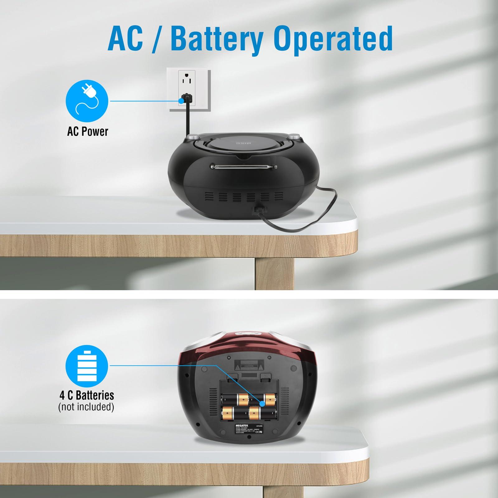 MEGATEK MEGATEK Portable CD Boombox with FM Stereo Radio, Bluetooth, USB Port, and Backlit LCD Display | CD-R/CD-RW/MP3-CD Compatible | AUX Input | Headphone Jack | Programmable CD Player - Cherry Red