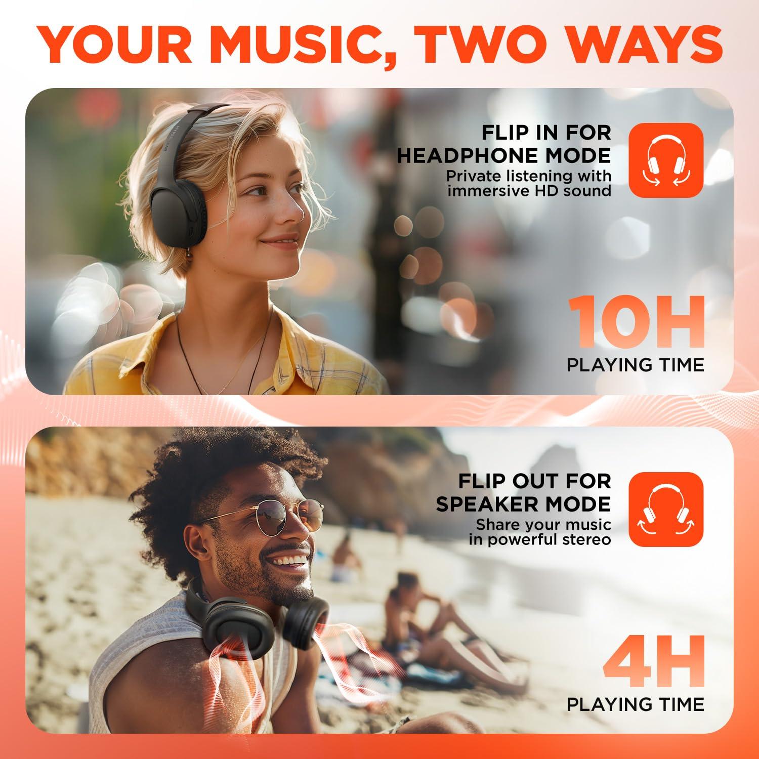 HyperGear Collapsible Wireless Headphones + HD Stereo Speakers Flip The Ear Cups in for Music Solo Style, Flip The Ear Cups Out for Music in Full Stereo Detail (Black)