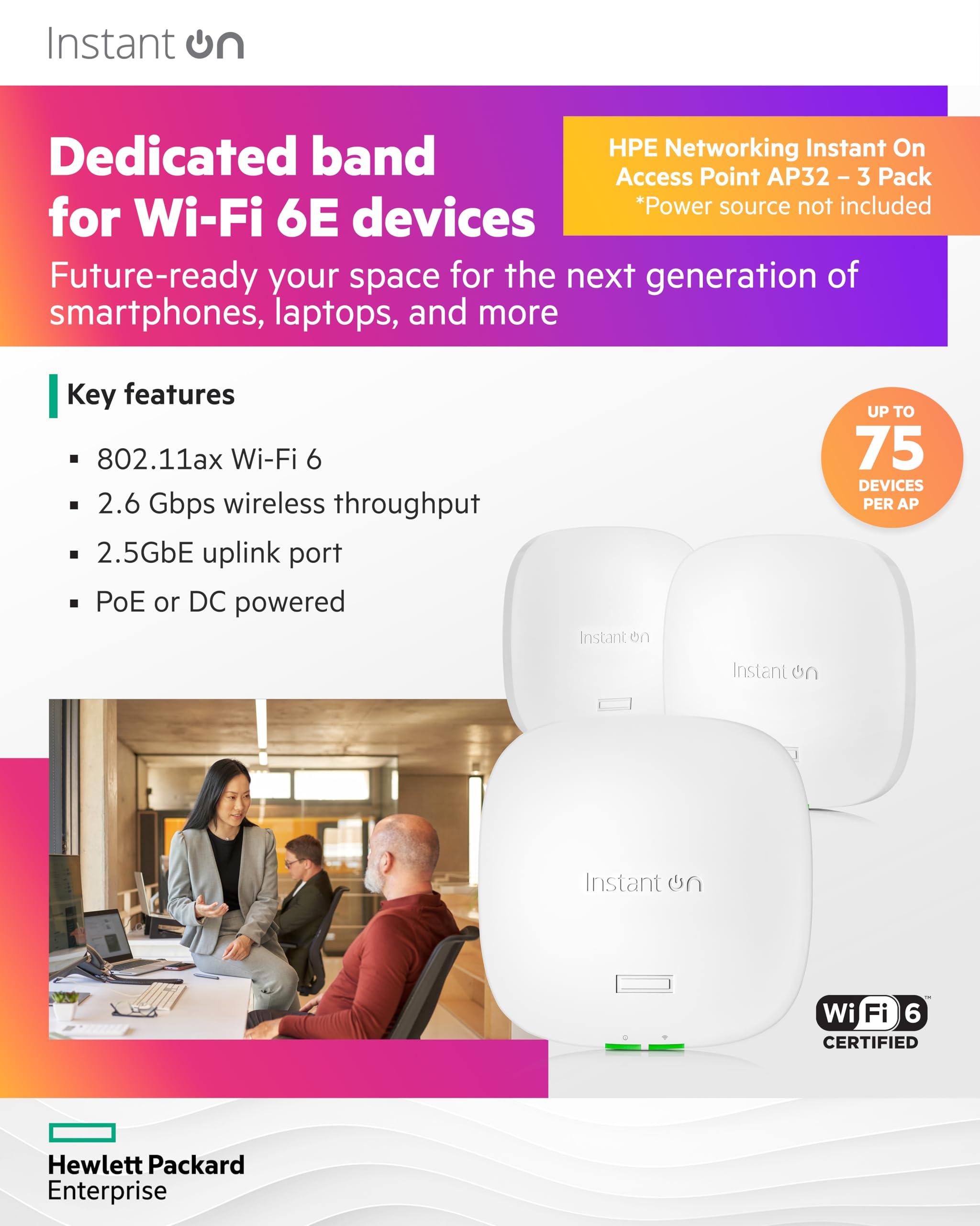 Aruba a Hewlett Packard Enterprise company HPE Networking Instant On Access Point AP32 2x2 WiFi 6E Indoor Wireless Access Point (3 Pack) | Secure, Tri-Band, Future Ready | Power Source Not Included | US Model (S1T22A-3PACK)