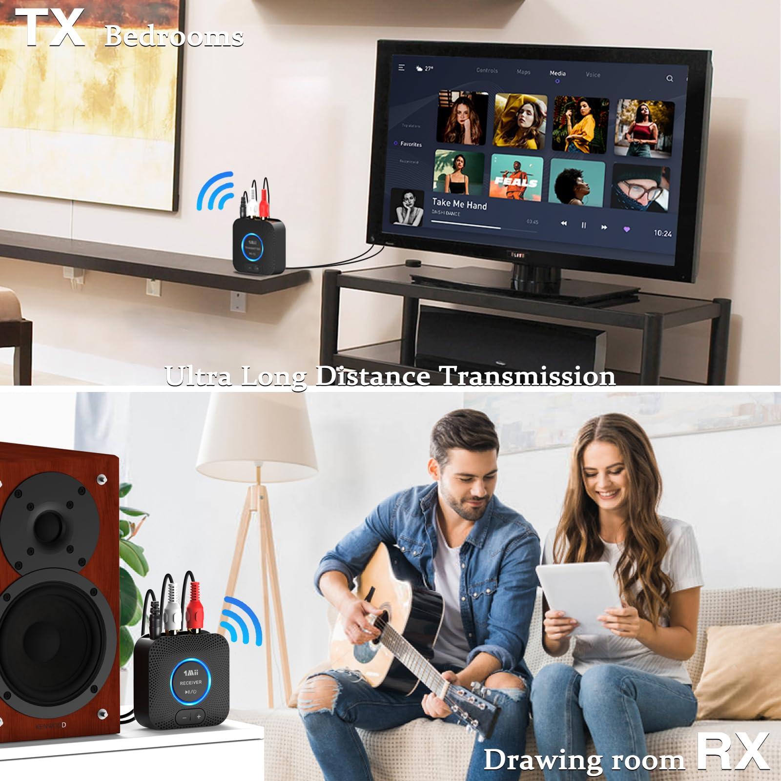 1Mii 1Mii 2.4GHz Wireless Audio Transmitter Receiver Set for TV, 260Ft/80M Long Range 25ms Low Latency with AUX RCA in/Out,Wireless Audio Adapter for TV PC Powered Speaker Amplifier Soundbar