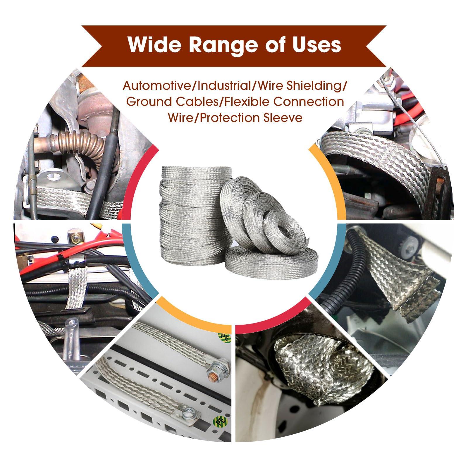 BuyUneed Tinned Copper Grounding Braid Straps Shielding Wire Sheathing Cable Sleeve Metal Flat Mesh Flexible Expandable (1/2 in Wide(0.32 in Dia)-15ft)