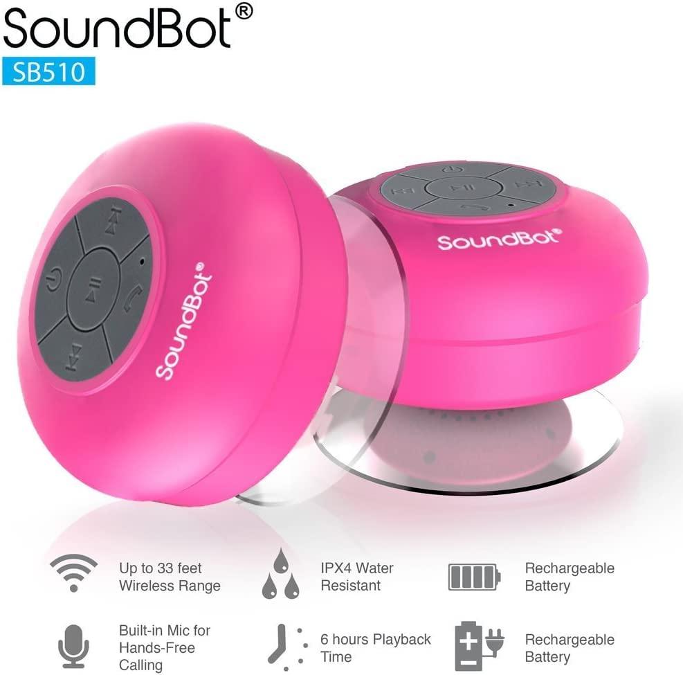 Soundbot Soundbot SB510 HD Water Resistant Bluetooth Shower Speaker, Handsfree Portable Speakerphone with Built-in Mic, 6hrs of Playtime, Control Buttons and Dedicated Suction Cup for Showers (Pink)