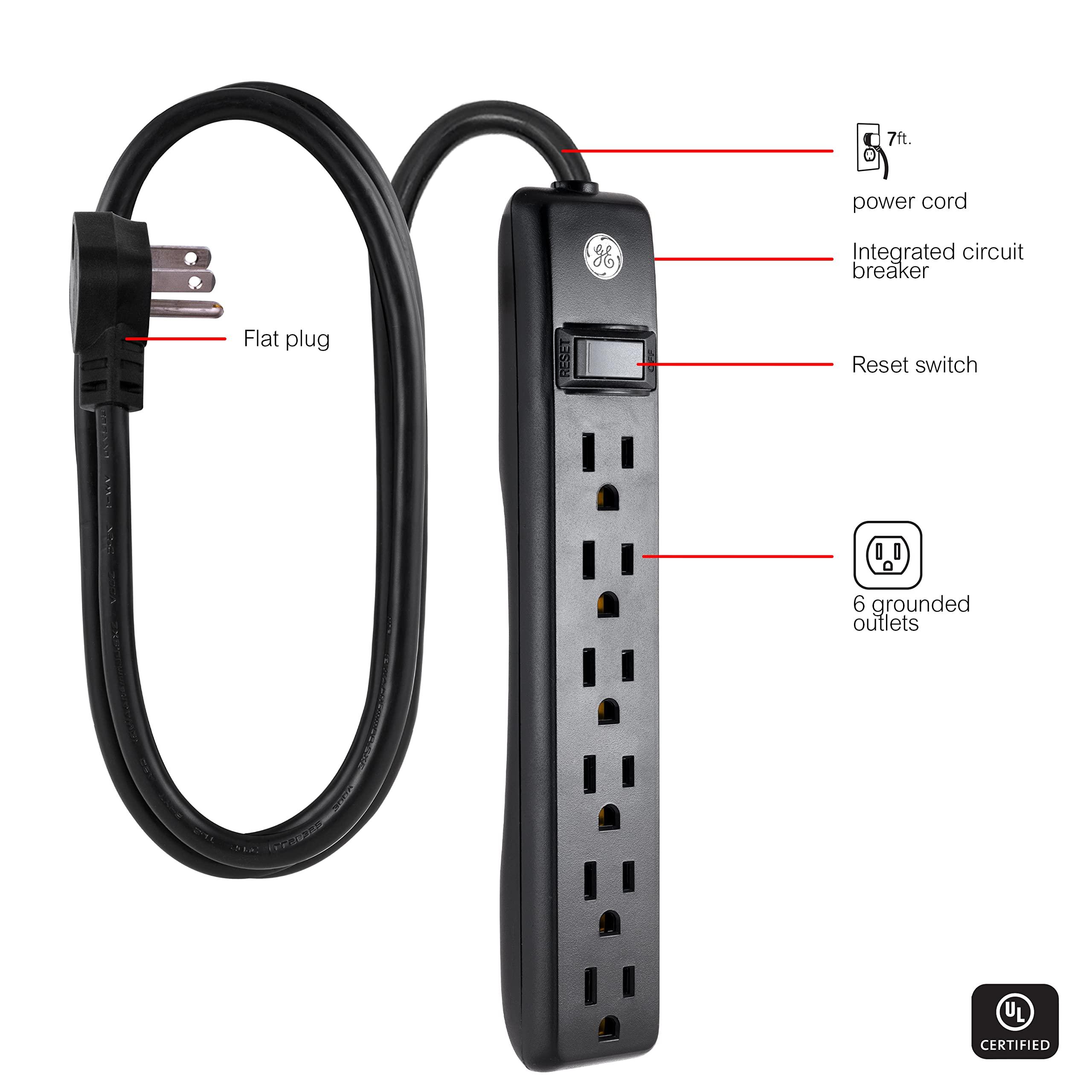 GE GE 6-Outlet Power Strip, 7 Ft Power Cord, Flat Plug, 3 Prong Outlet, UL Listed, Black