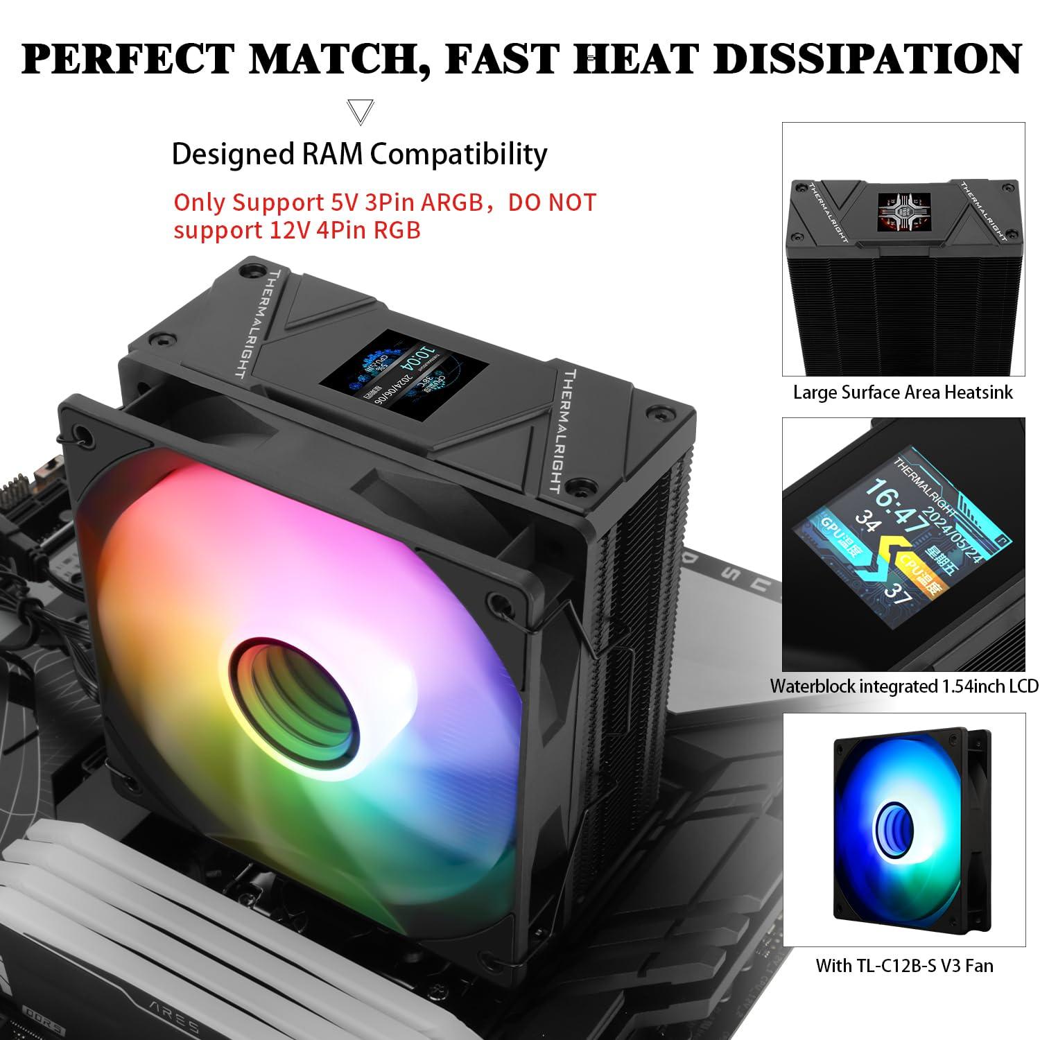 Thermalright Thermalright Assassin Spirit 120 Vision ARGB Black, with Black Top Cover, CPU Air Cooler, PC Cooling,240 * 240 Resolving Power IPS LCD Screen,Editable,with 1.54in for Intel lga1851/1700/115X,AM4/AM5