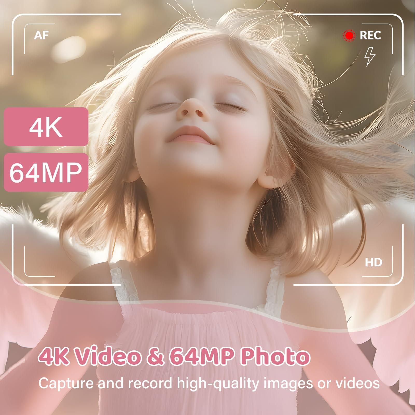 YiFuar Digital Camera - 4K 64MP Digital Camera with 16X Digital Zoom for Photography - UHD Vlogging Camera for Kids and Teens - Compact Point and Shoot Digital Cameras with 32GB SD Card (Pink)