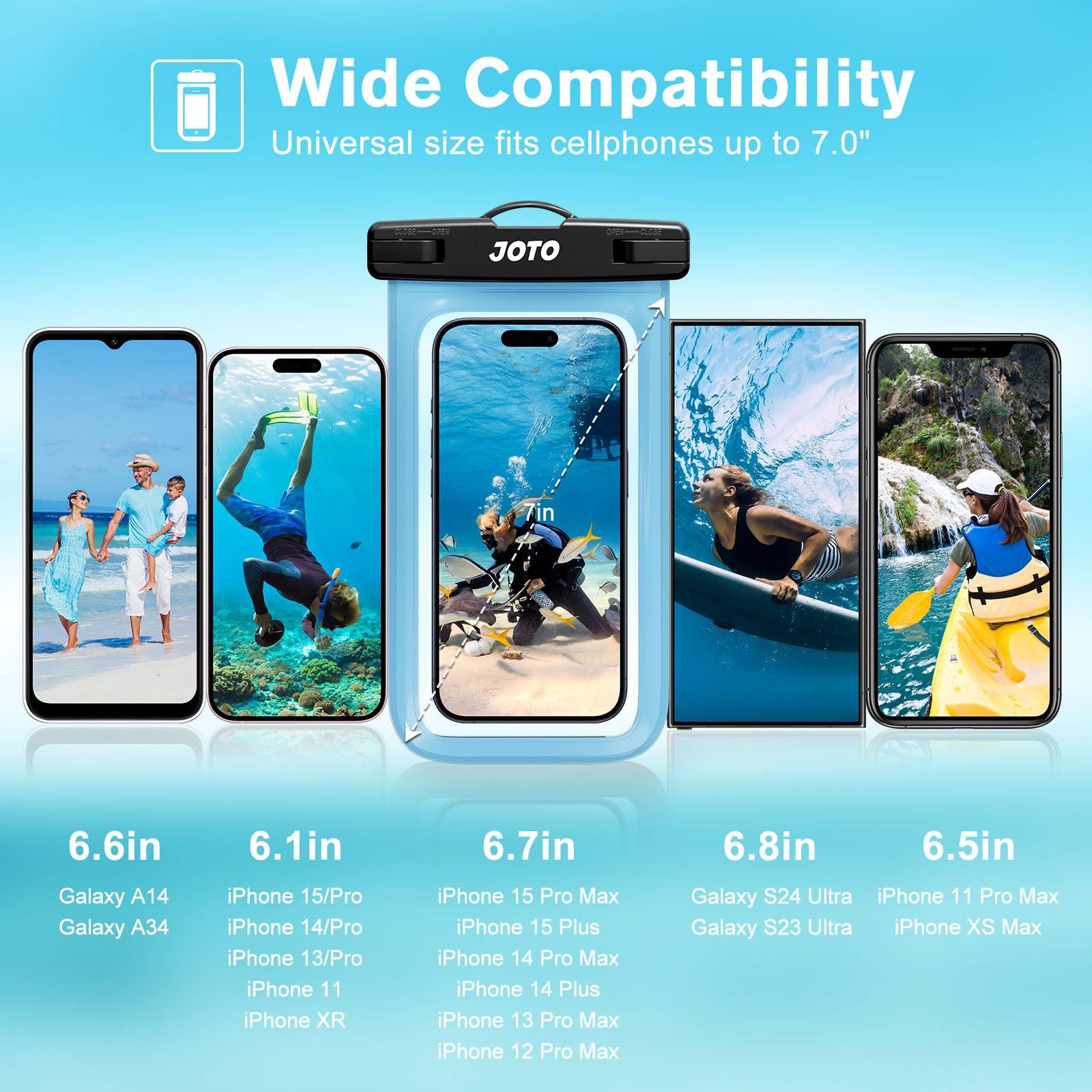 JOTO JOTO Universal Waterproof Pouch Case for iPhone 16 15 14 13 Plus Pro Max, IPX8 Cellphone Dry Bag 12 11 Pro Max XR X 8 7 6S Plus SE, Galaxy S23 S22 S21 S20+ S20 S10 Plus Note, Pixel up to 7\" -Blue