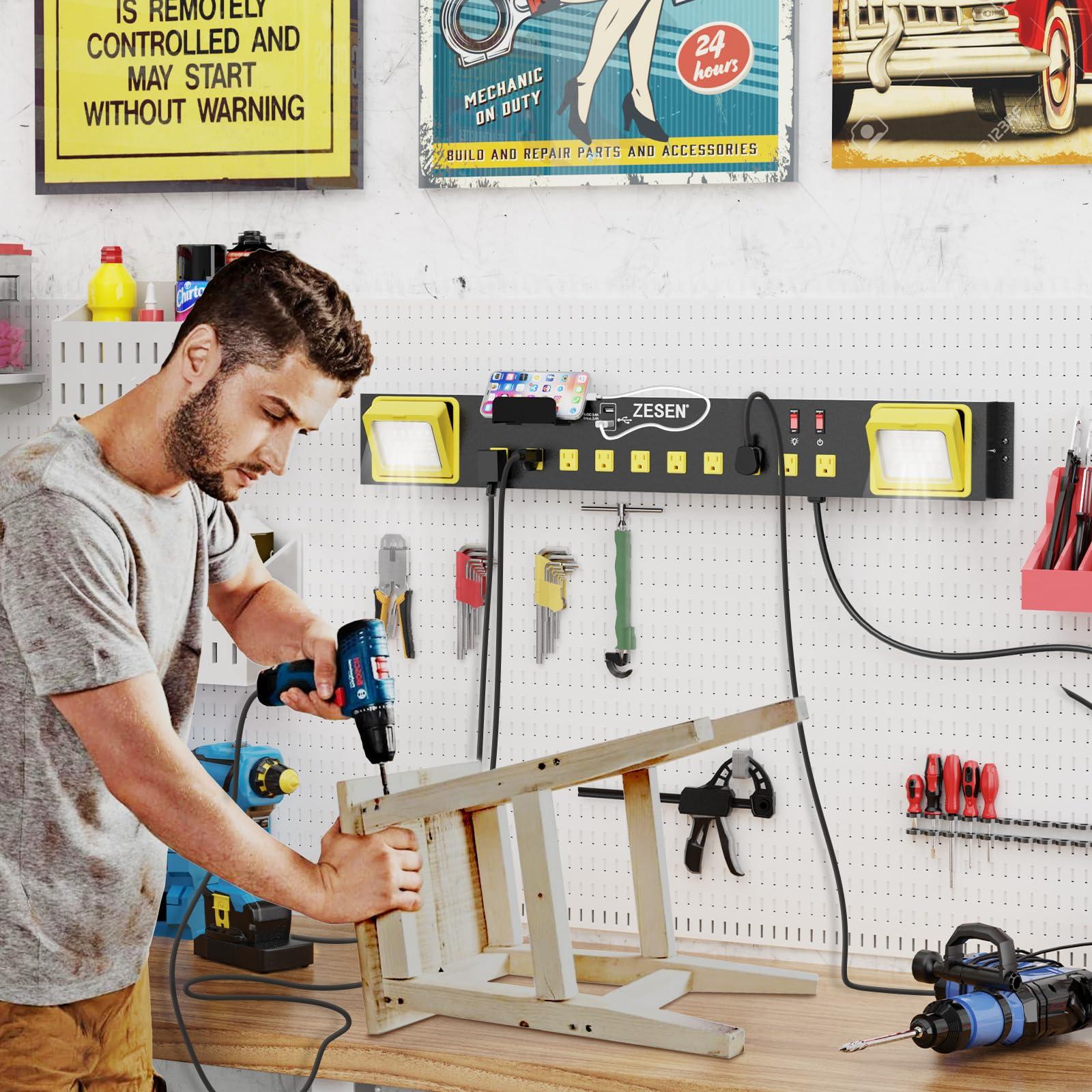 ZESEN ZESEN 10 Outlet Power Strip with LED Worklight, Heavy Duty Metal Power Strip Surge Protector 4ft Cord with 2-Port USB Charge, ETL Listed for Workshop Garage Office Home