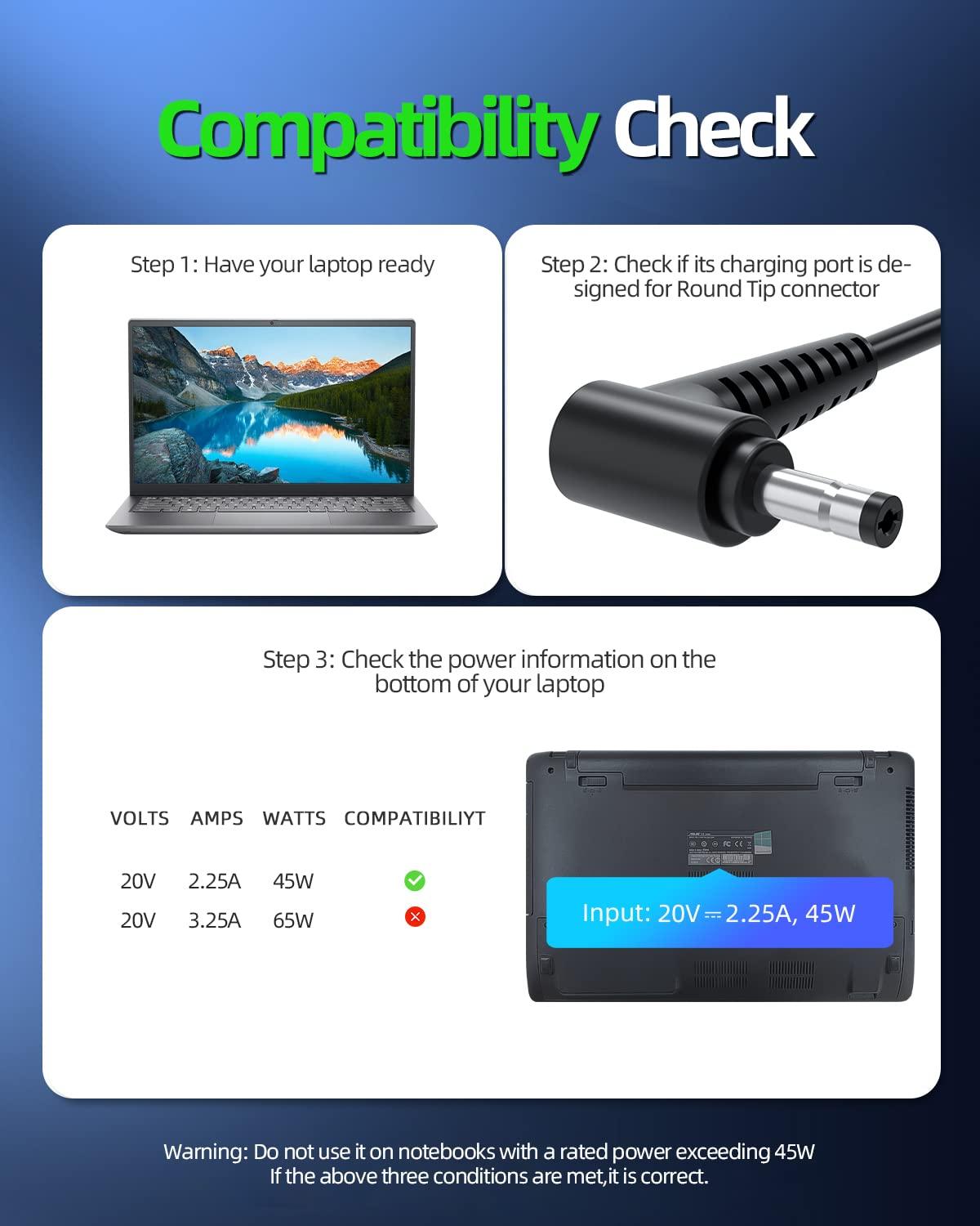 Dexpt ADL45WCC 45W Charger fit for Lenovo ADL45WCG ADL45WCE PA-1450-55LL ADP-45DW B GX20L23044 Laptop Power Adapter-(Safety Certified by UL)/Compact Design/Retractable Prongs/Extended 7.5ft Cord