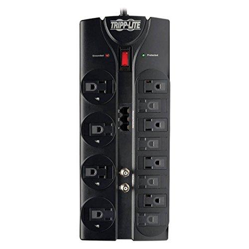 Tripp Lite Tripp Lite TLP1208TELTV 12 Outlet Surge Protector Power Strip, 8ft Cord, Right-Angle Plug, Tel/Modem/Coax Protection, RJ11, & Dollar 150,000 Insurance Black