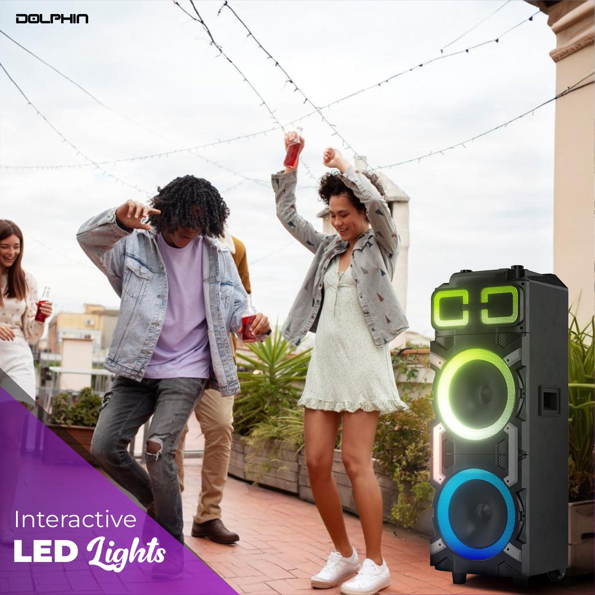 Dolphin Dolphin High-Power Portable Party Bluetooth Speaker Wooden Cabinet, X-BASS, LED Lights, Wireless Microphone Ideal for Parties, Tailgating, and Events