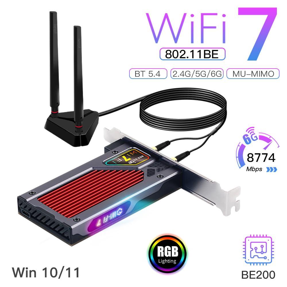 F FENVI Fenvi WiFi 7 RGB Light PCI-E WiFi Card BE200 BT5.4 Tri-Band 8774Mbps 802.11BE BE200NGW Desktop Network Adapter Instead of Your WiFi 6/WiFi 6E Card Support Windows 10/11 Not for AMD Motherboards