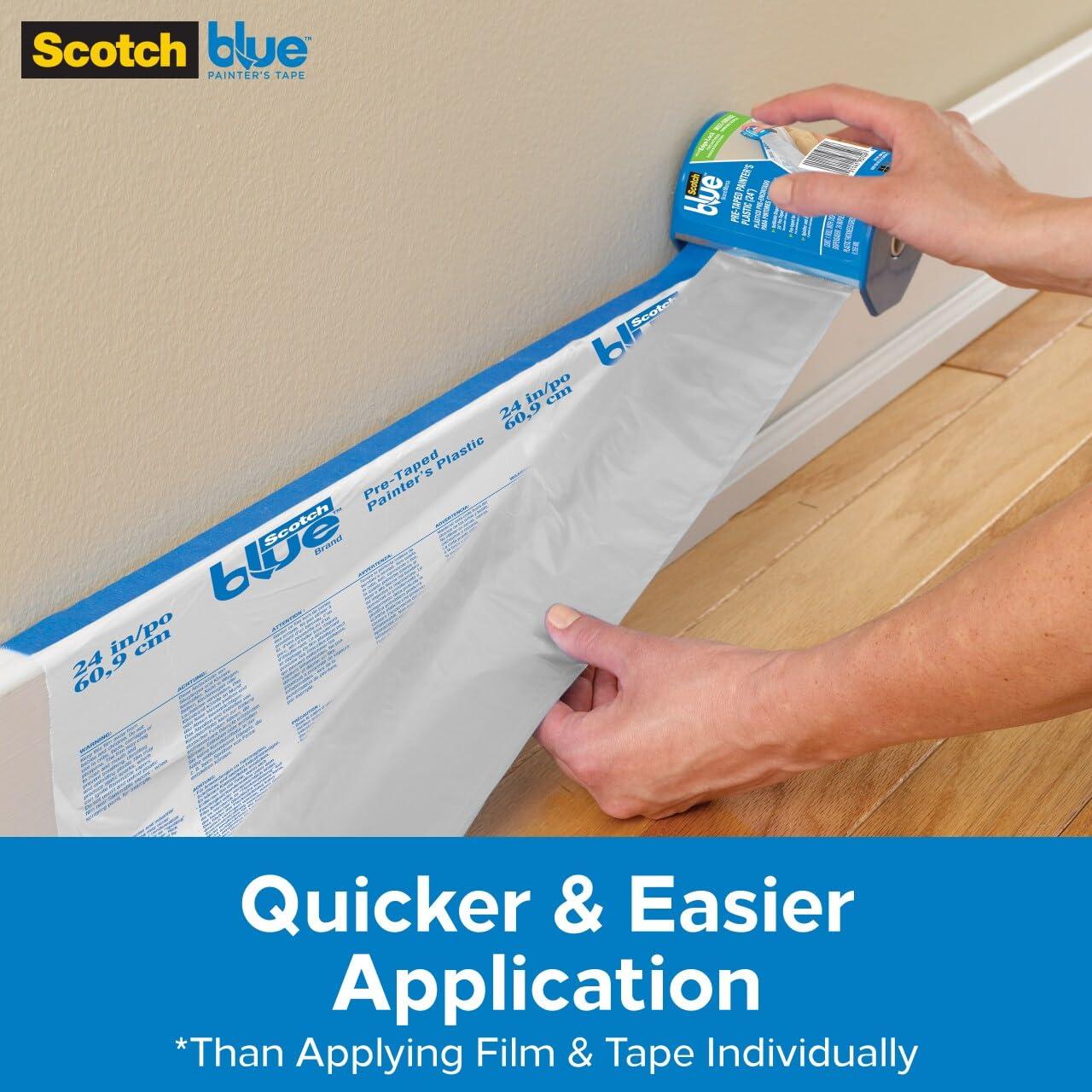 ScotchBlue ScotchBlue Pre Plastic Painters Tape with Bladed Dispenser, 24 in x 30yd, Tape & Masking Film Combined in One Product, Static Cling to Stay in One Place, No Residue Masking Tape (PTD2093EL-24-S)