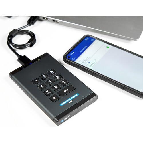 ClevX SecureData SecureDrive Duo 2TB Hardware Encrypted USB 3.0 Ext Drive FIPS 140-2 Level 3 Unlock via KeyPad or Phone app TAA Compliant, CJIS, HIPAA, CMMC, GDPR Compliant, Works with Mac and Win Free AV