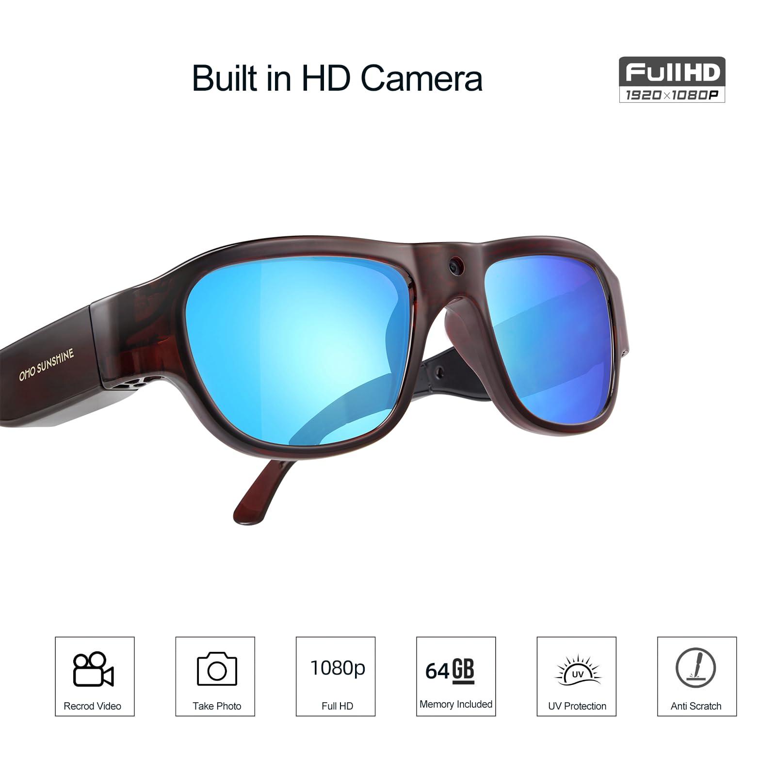 OhO sunshine OhO sunshine High Resolution Camera Glasses, 64GB Full HD 1080P Video Indoor and Outdoor with Built in 16MP Camera and Blue Polarized UV400 Lens