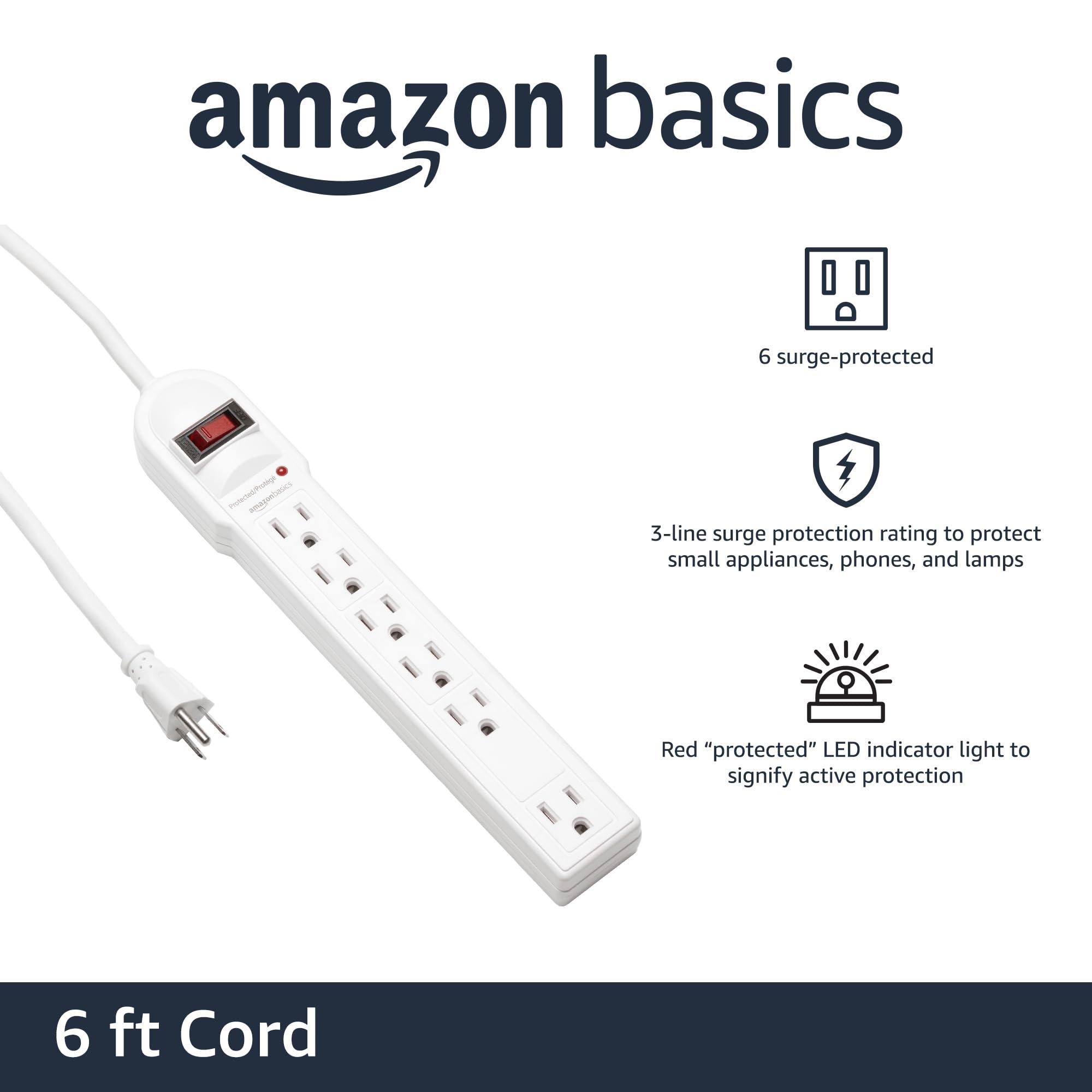 Amazon Basics Amazon Basics Rectangular 6-Outlet Surge Protector Power Strip, 6-Foot Long Cord, 790 Joule - White