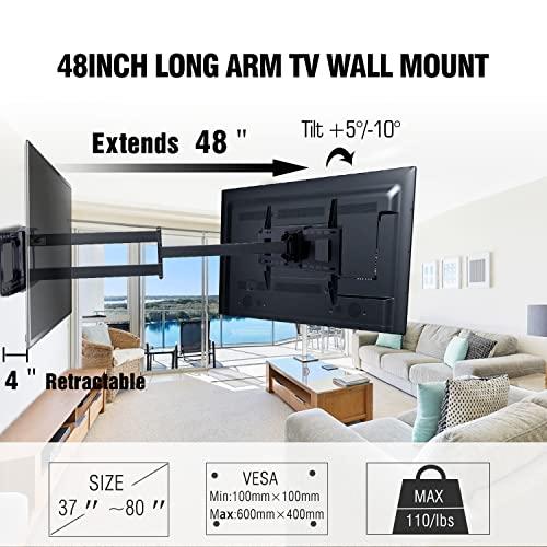 WHYFONE 48\'\' Extension Long Arm TV Wall Mount, WHYFONE Large TV Heavy Duty Full Motion TV Wall Mount Swivel Tilt Level Articulating, 37-80\'\'TV, Max VESA 600x400mm, 16\'\'18\'\'24\'\' Wood Studs/Concrete/Brick Wall