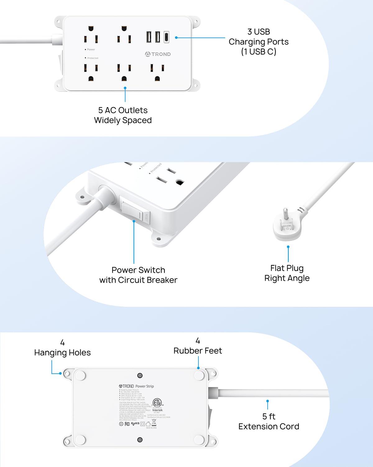 TROND TROND Power Strip with USB, Surge Protector Flat Plug with 5 Widely-Spaced Outlets and 3 USB Ports, ETL Listed, 1300J, Wall Mountable, 5ft Extension Cord, for Office Kitchen, White