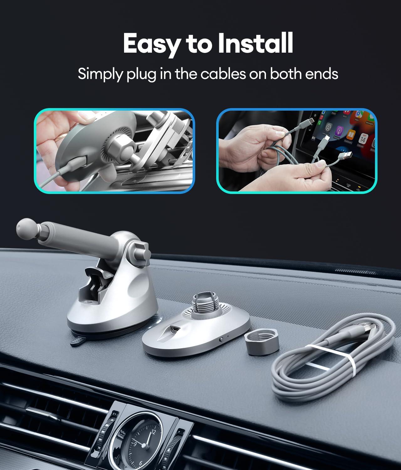 Malinto HexaCharge 3-in-1 Wireless Carplay Adapter 2024 & Magnetic Wireless Charging for iPhone and Android, Convert Wired to Wireless CarPlay and MagSafe Charging