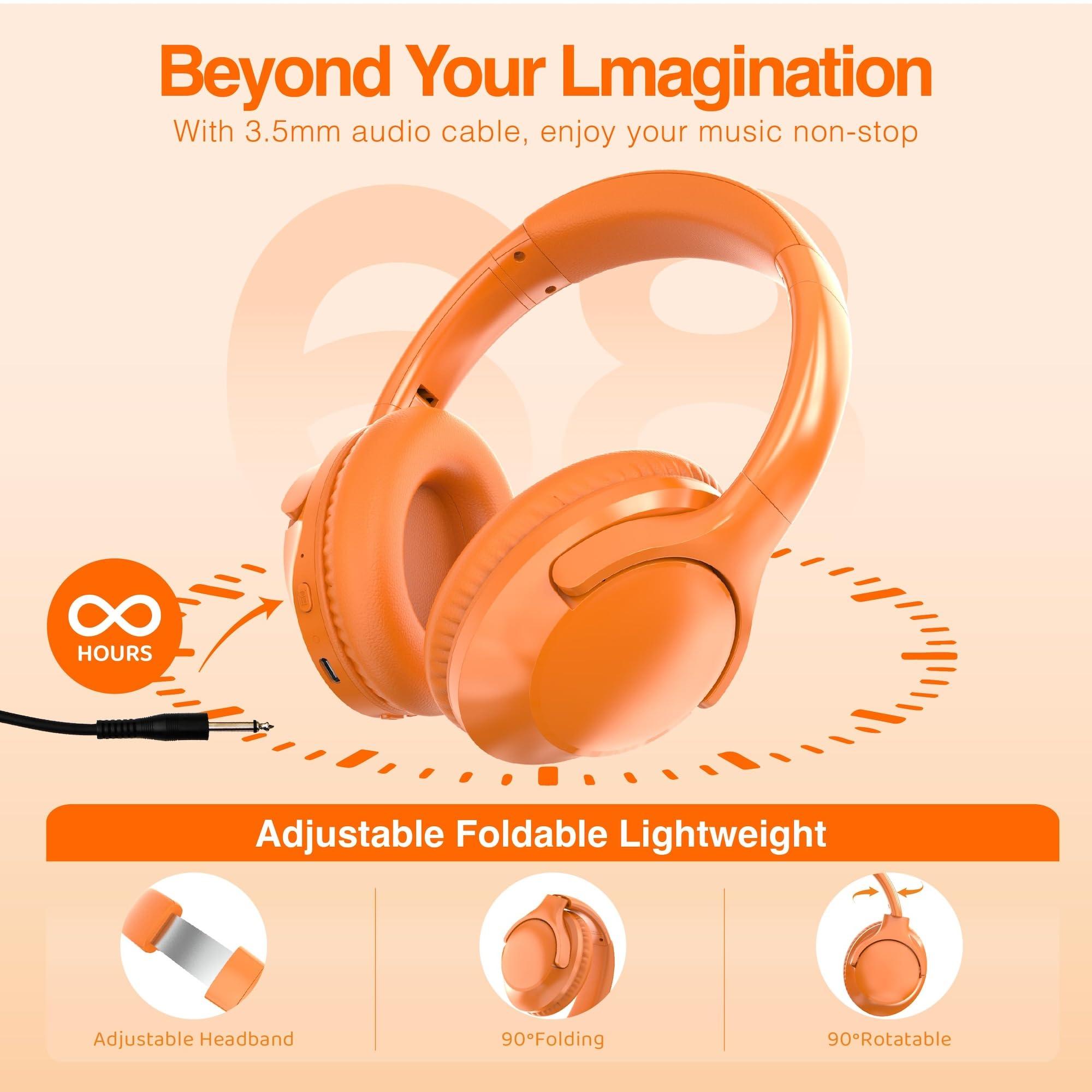 MIDOLA MIDOLA Bluetooth Headphones Over Ear 68H Playtime 6 EQ Wireless Headset with Microphone HiFi Stereo Foldable Lightweight Deep Bass for Travel Home Office Cellphone Orange