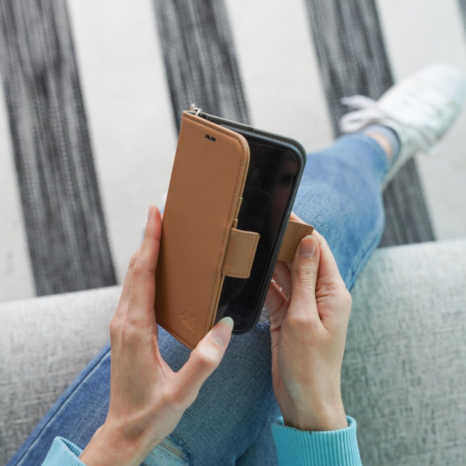 DefenderShield DefenderShield EMF Protection & 5G Anti Radiation iPhone 14 Plus Case - RFID Blocking EMF Shield Detachable Wallet Case with Magnetic Closure (Brown)