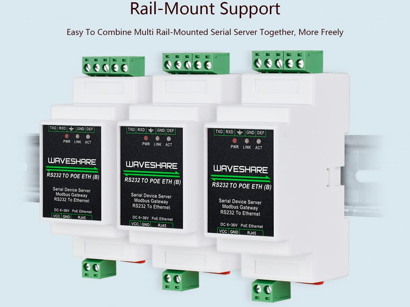 waveshare RS232 to RJ45 Ethernet Converter Adapter Rail-Mount RS232 Serial Server, Bi-Birectional Transparent Data Transmission Between RS232 and Ethernet, Support Modbus Gateway, MQTT Gateway, RS232 to JSON