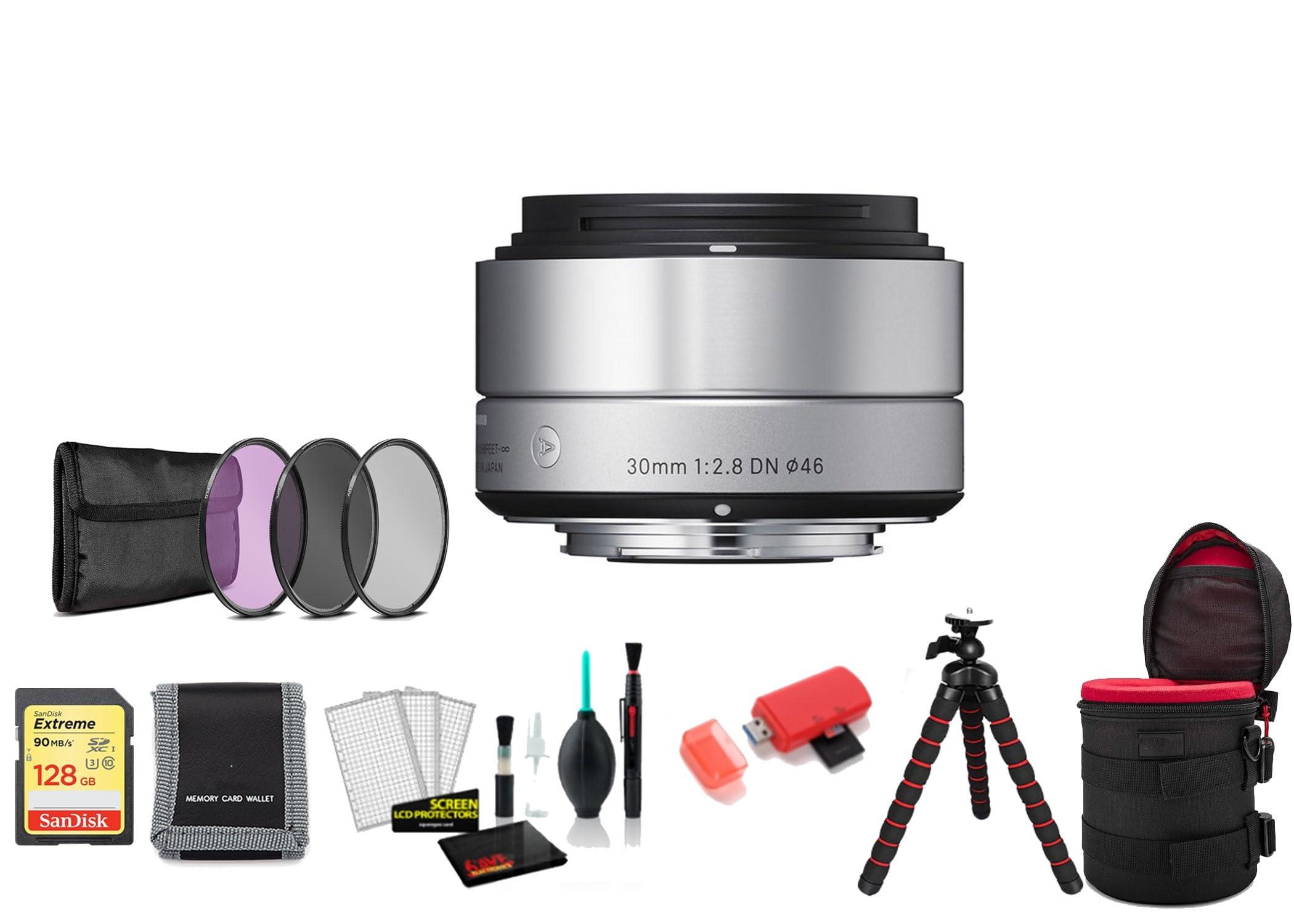 SIGMA Sigma 30mm f/2.8 DN Art Lens for Micro Four Thirds (Silver)(33S963) Bundle with 128GB Memory Card + Filter Kit + Tripod and More