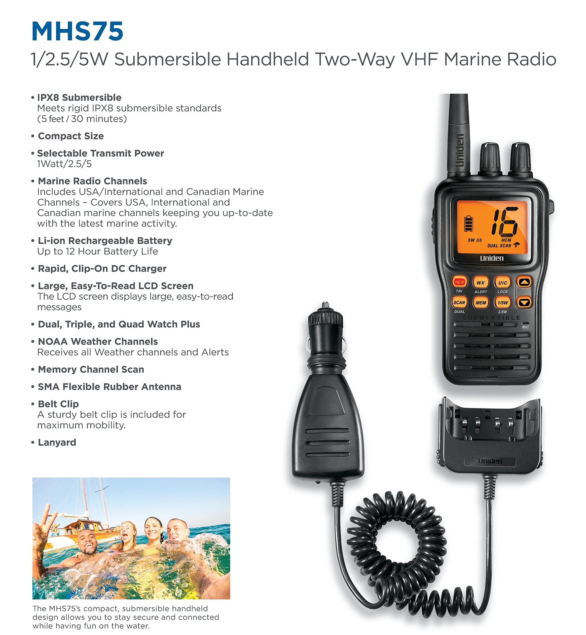 Uniden Uniden MHS75 Waterproof Handheld 2-Way VHF Marine radio, Submersible, Selectable 1/2.5/5 Watt Transmit Power. All USA/International and Canadian Marine Channels - Color Black