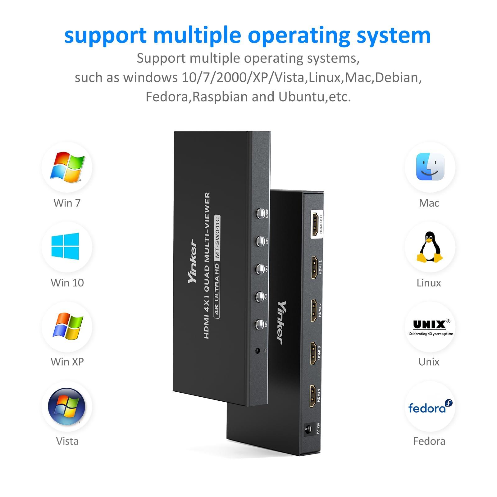 Yinker 4K HDMI Multiviewer 4x1, Yinker 4K@30Hz Seamless HDMI Quad Switcher 4 in 1 Out for Security Camera, Gaming Consoles, Single/Quad/Dual/PBP Modes with IR Remote