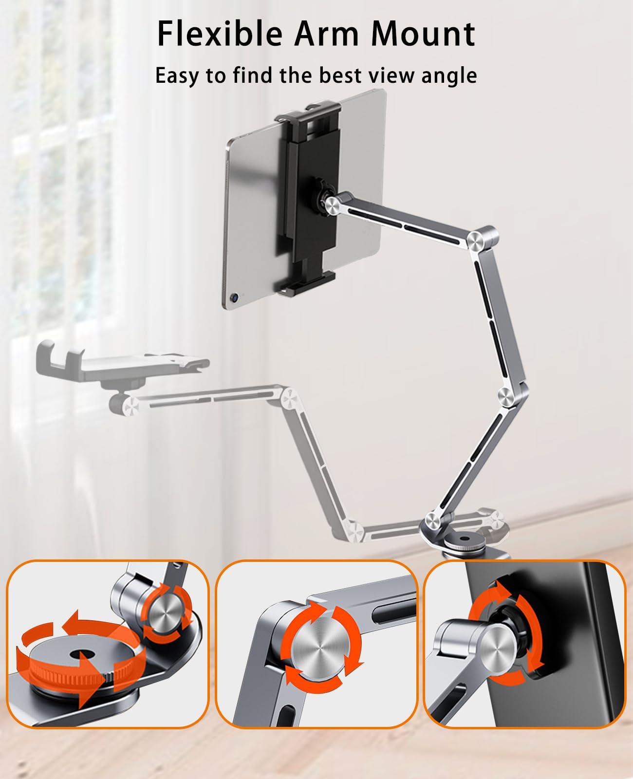 HIBORI HIBORI iPad Mount for Desk Aluminum Alloy Tablet Stand Foldable Overhead Arm Holder Mount Fits for 4.7-15.6" Screen Phone,Kindle,Fire HD,Monitor,iPad,Galaxy Tab Series (Silver)