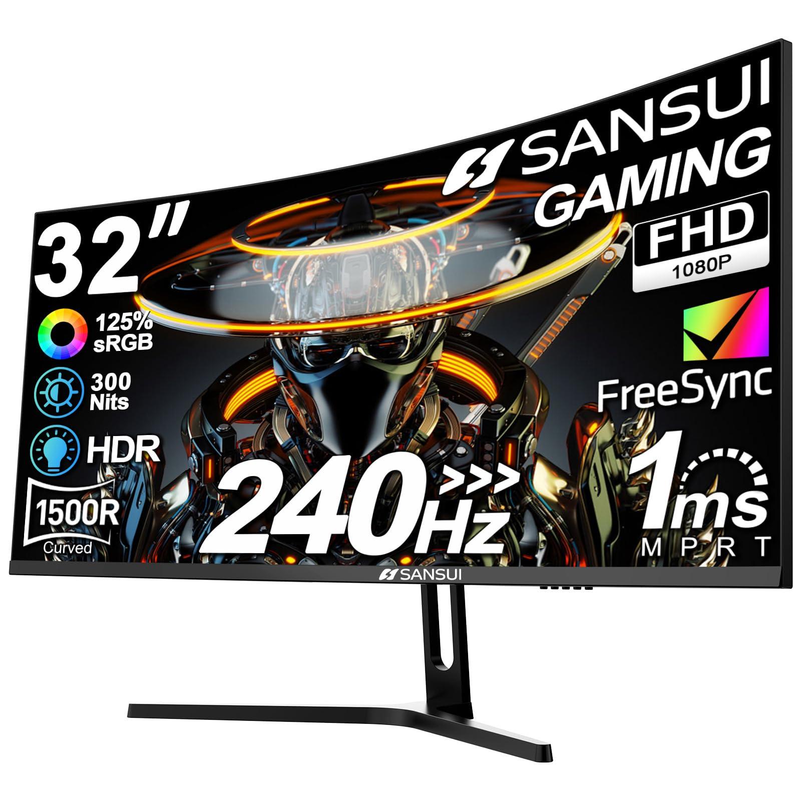 SANSUI SANSUI 32 Inch Curved 240Hz Gaming Monitor High Refresh Rate, FHD 1080P Gaming PC Monitor HDMI 2.12, DP 1.42, Curved 1500R, 1ms(OD), HDR, VESA Compatible (ES-G32C3F One DP Cable Included)