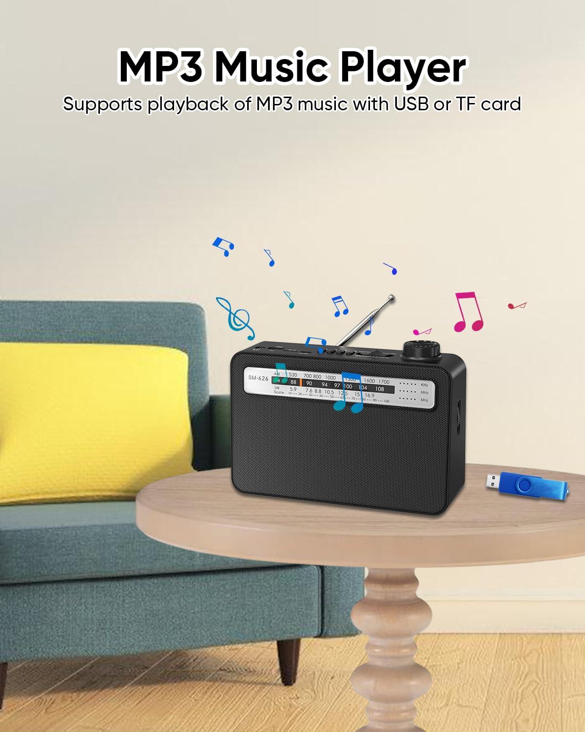 MIPDIIT MIPDIIT Portable AM FM Radio with Bluetooth Speaker, AC Plug in/USB C Rechargeable or D Battery Operated Transistor Radio, 5W Speaker, 3.5mm Earphone Jack, Support TF Card/USB Playing