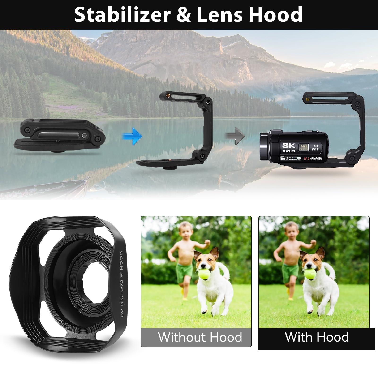 MURAUX Video Camera, 8K Camcorder 48MP 15FPS UHD WiFi Vlogging Camera with IR Night Vision for YouTube, 3" Touch Screen 18X Digital Zoom, with Fill Light, Mic, Stabilizer, Lens Hood, Remote and 2 Batteries