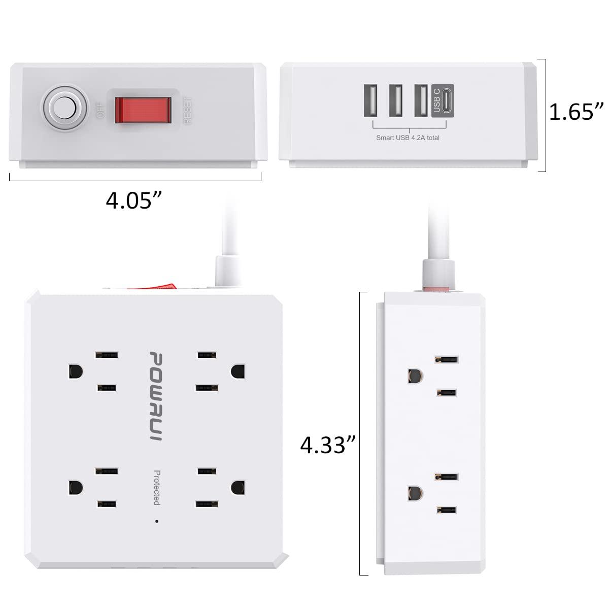 POWRUI Surge Protector Power Strip - 6 Ft Flat Plug Extension Cord with 8 Widely Outlets and 4 USB Ports(1 USB C), 3 Side Outlet Extender for Home Office, White, ETL Listed
