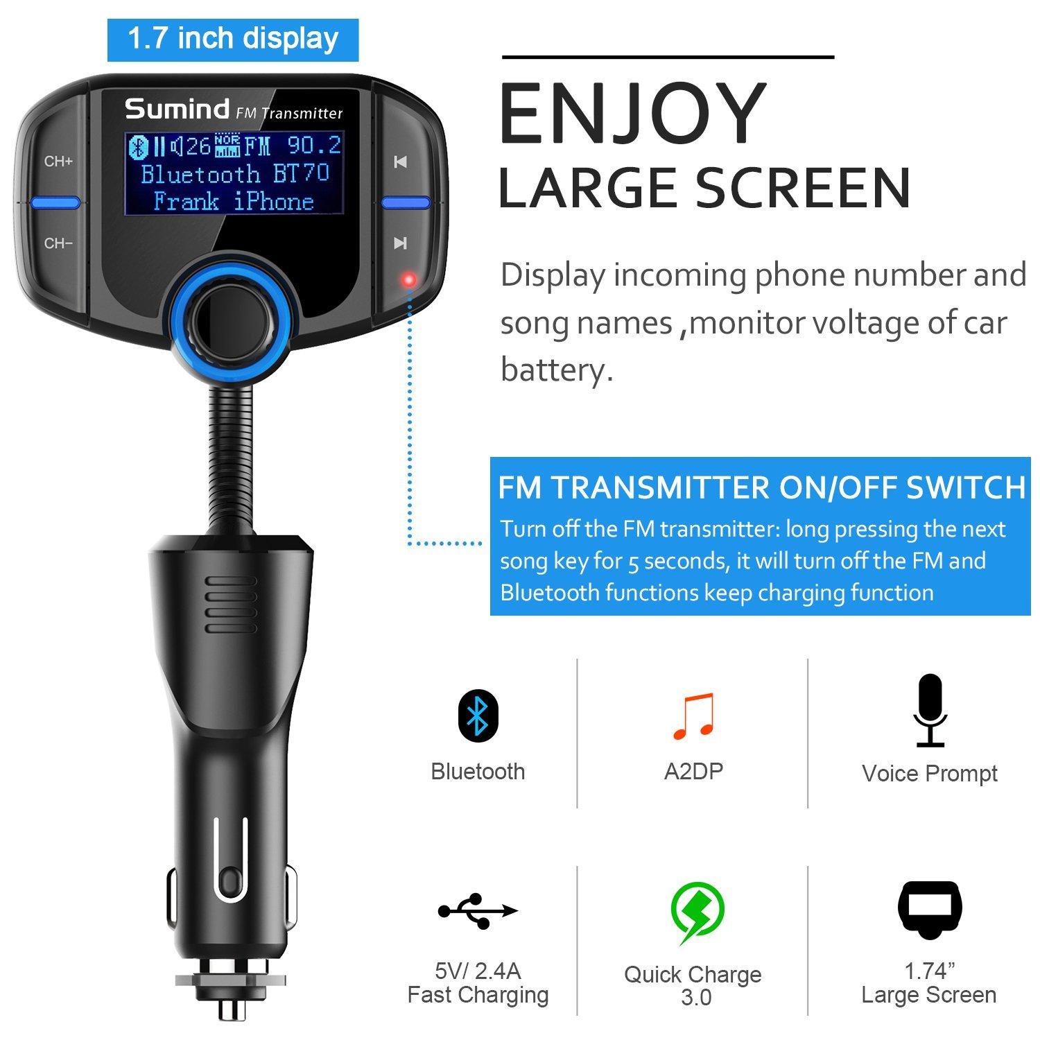 Sumind (Upgraded Version) Bluetooth FM Transmitter, Sumind Wireless Radio Adapter Hands-Free Car Kit with 1.7 Inch Display, QC3.0 and Smart 2.4A Dual USB Ports, AUX Input/Output, TF Card Mp3 Player
