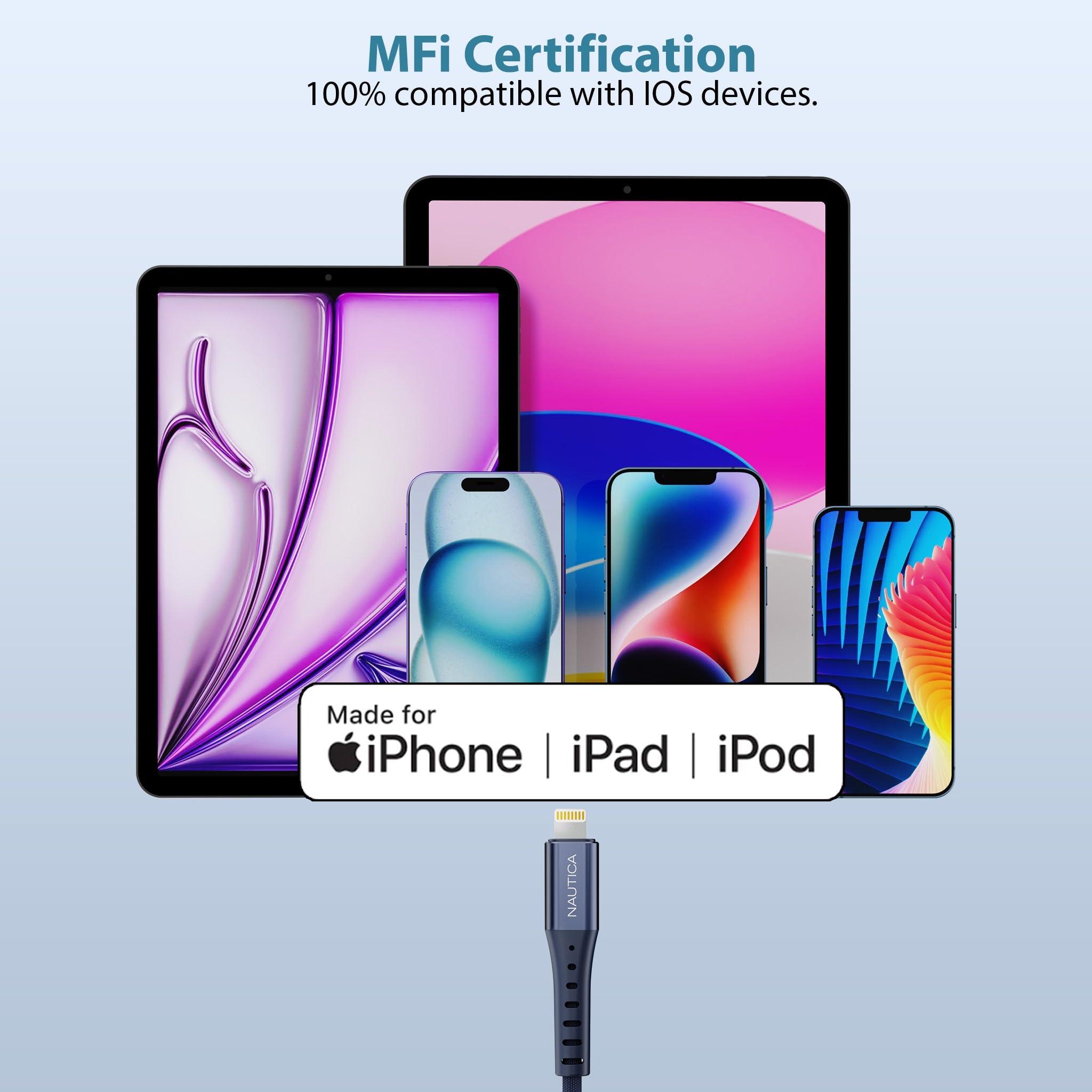 Nautica Nautica Lightning to USB-A Cable, Fast Charge Support, 12W Output Power, Durable Braided Cable 4 ft, Compatible with iPhone, iPad, iPod (Navy)