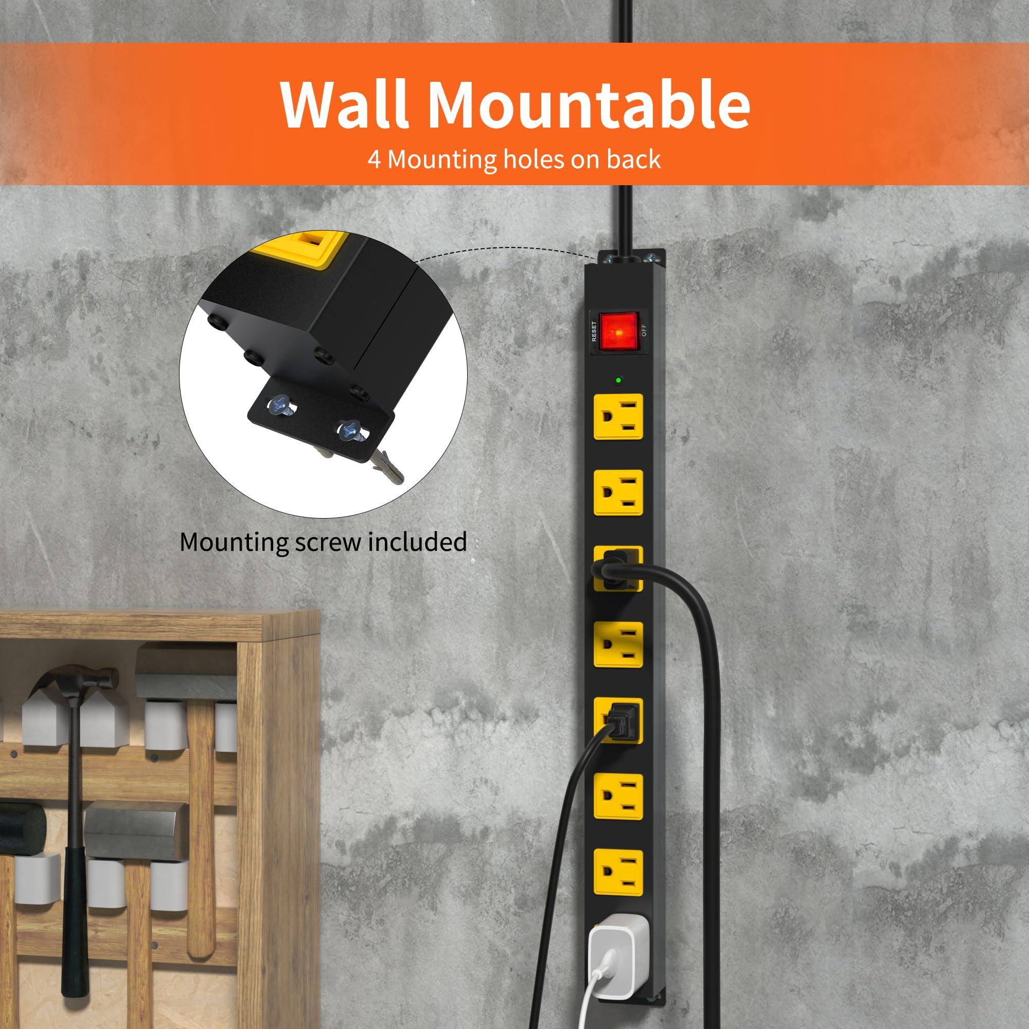 Plug\'n 8 Outlet Power Strip 2100J Surge Protector, 8FT Heavy Duty Extension Cord Wide Spaced Outlet and Wall Mount Metal Powerstrip for Home Office Garage Workshop