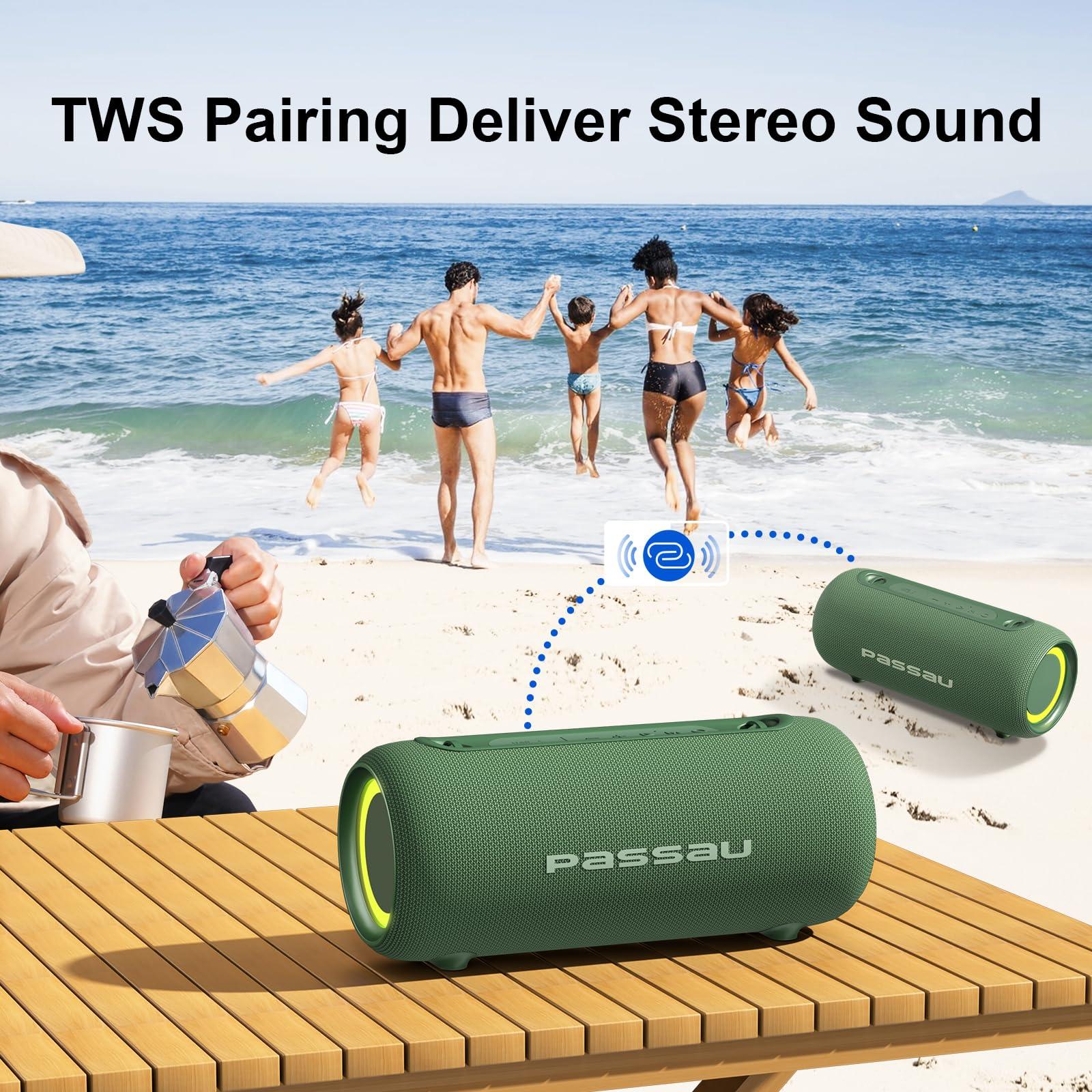 Passau Passau Portable Bluetooth Speakers 40W Peak Loud Stereo Sound, Passive Radiators-Deep Bass, All Day Playtime, Adjustable Strap, BT5.3, IPX5 Wireless Speaker RGB Lights for Indoor Outdoor-Green