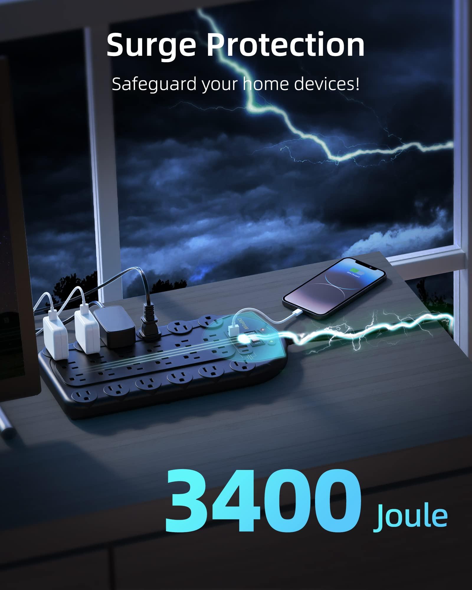 DEPOW 15Ft Power Strip Surge Protector (3,400 Joules), DEPOW 24 AC Multiple Outlets (1875W/15A) with 6 USBs (2 USB-C Ports), ETL Listed, Flat Plug Heavy Duty Long Extension Cord for Home, Office, Black