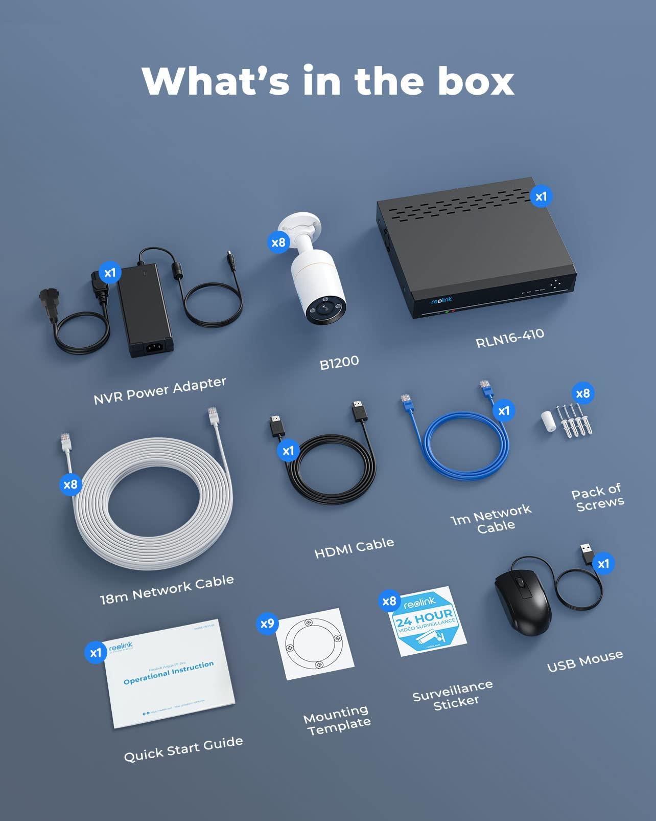 REOLINK REOLINK 12MP Security Camera System, 8pcs PoE Security Camera Outdoor Color Night, 2-Way Talk, 16CH NVR 4TB HDD, RLK16-1200B8-A Bundle with 2pcs 4K Ultra-Wide Angle Camera Duo Floodlight PoE