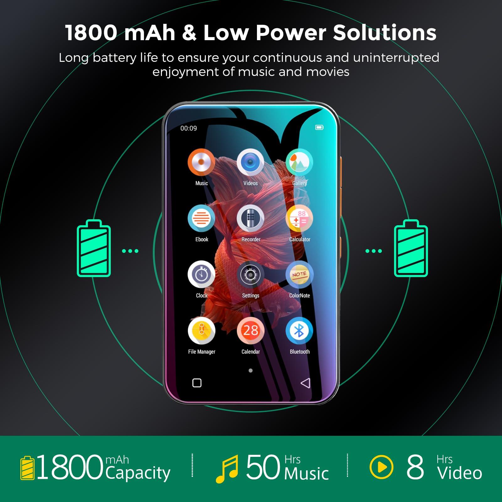 TIMMKOO TIMMKOO 72GB MP3 Player with Bluetooth, 4.0\" Full Touchscreen Mp4 Mp3 Player with Speaker, Portable HiFi Sound Mp3 Player with Bluetooth, Voice Recorder, E-Book, Supports up to 512GB TF Card (Black)