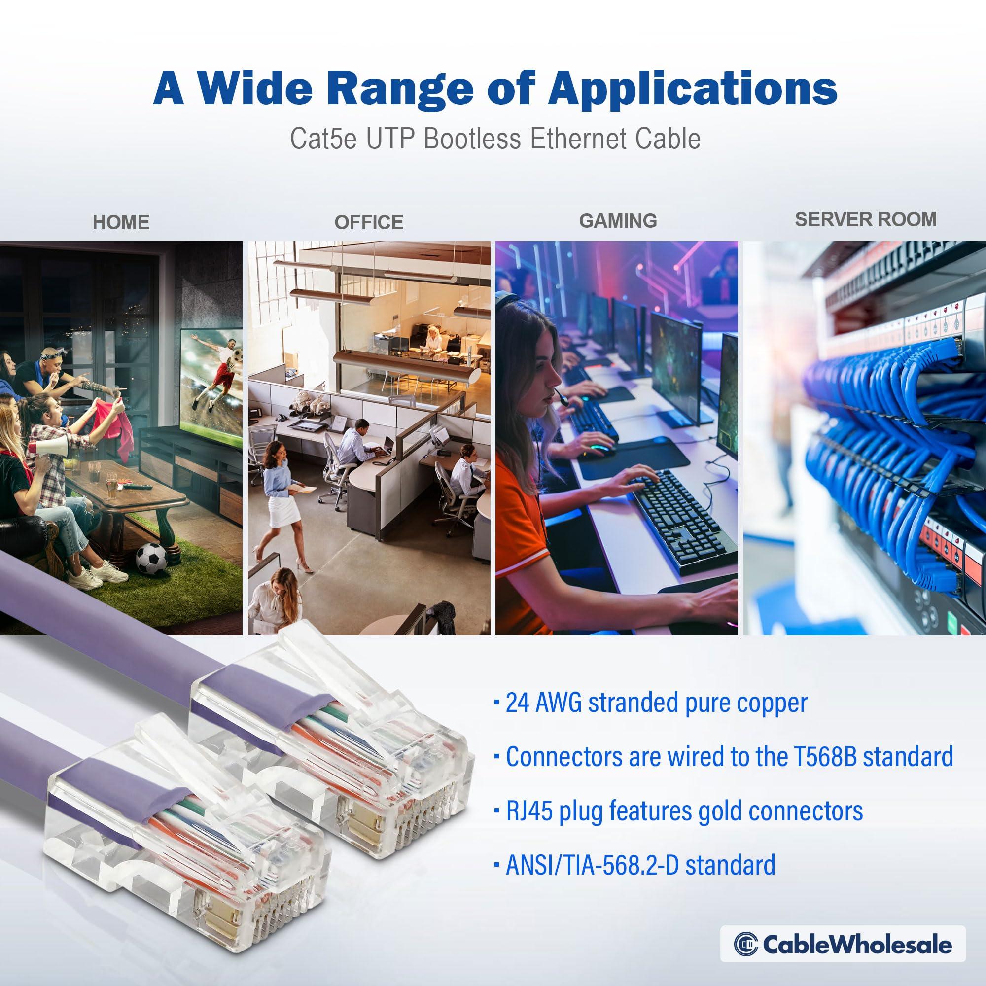 CableWholesale CableWholesale Cat5e Ethernet Cable, 24AWG Network Cable with RJ45 Gold Plated Connector, 4 Pair Stranded Bare Copper, Bootless Unshielded Twisted Pair (UTP) Internet Patch Cable, 1 Foot, Purple