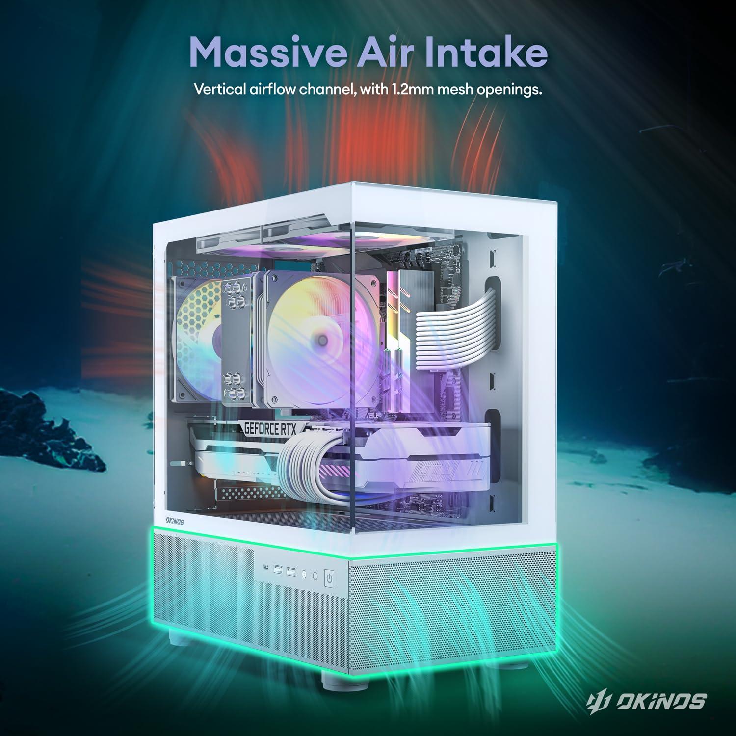 Okinos Okinos Aqua 3, Micro ATX Case, MATX PC Case with 3 X 120mm 3-Pin ARGB Fan Pre-Installed, Panoramic View Tempered Glass Front & Side Panel, with Type C Port, White