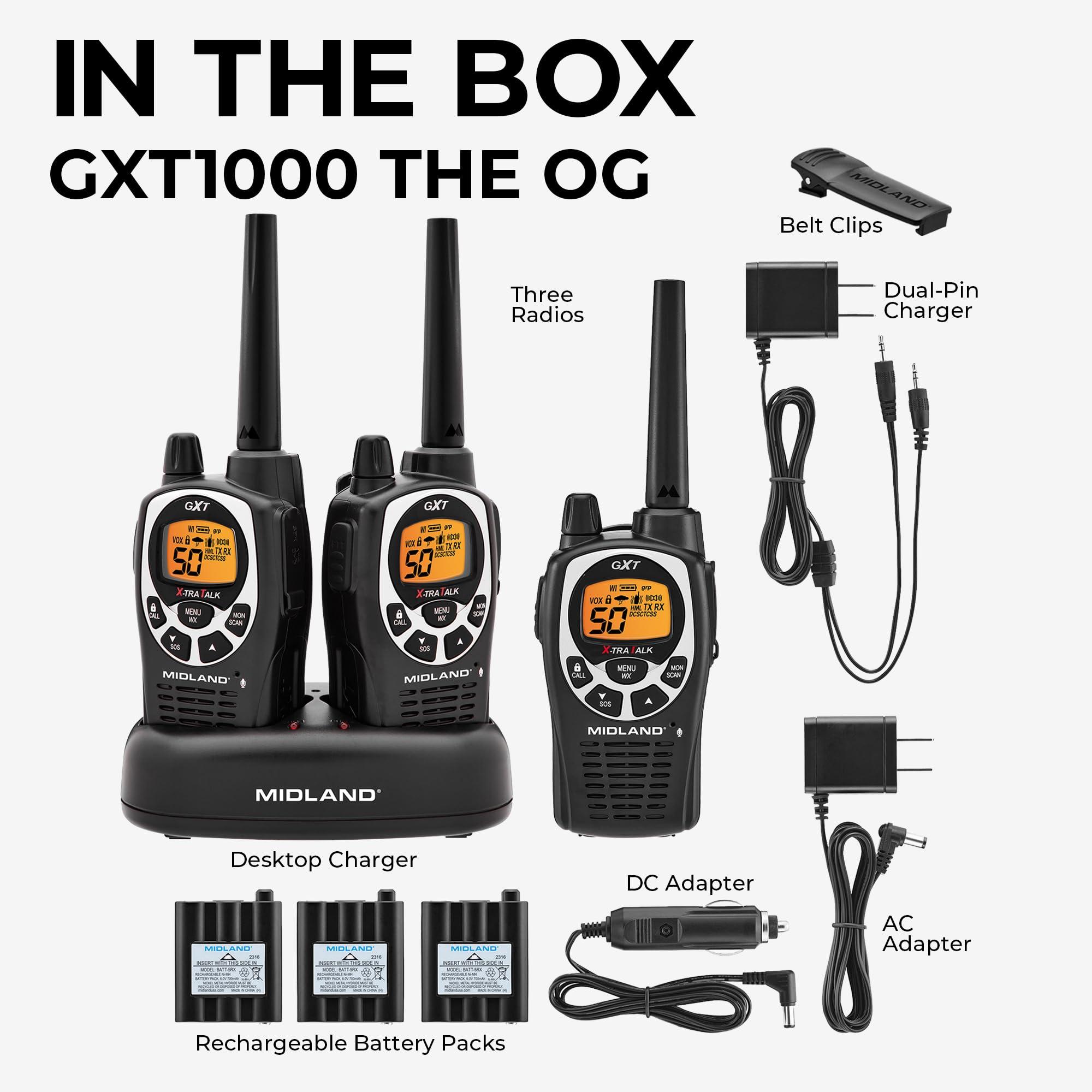 Midland Midland GXT1000X3VP4 GMRS Two-Way Radio (50-Channel, Long Range, 142 Privacy Codes, SOS, NOAA, Rechargeable Nickle Battery, Black/Silver, 3-Pack)