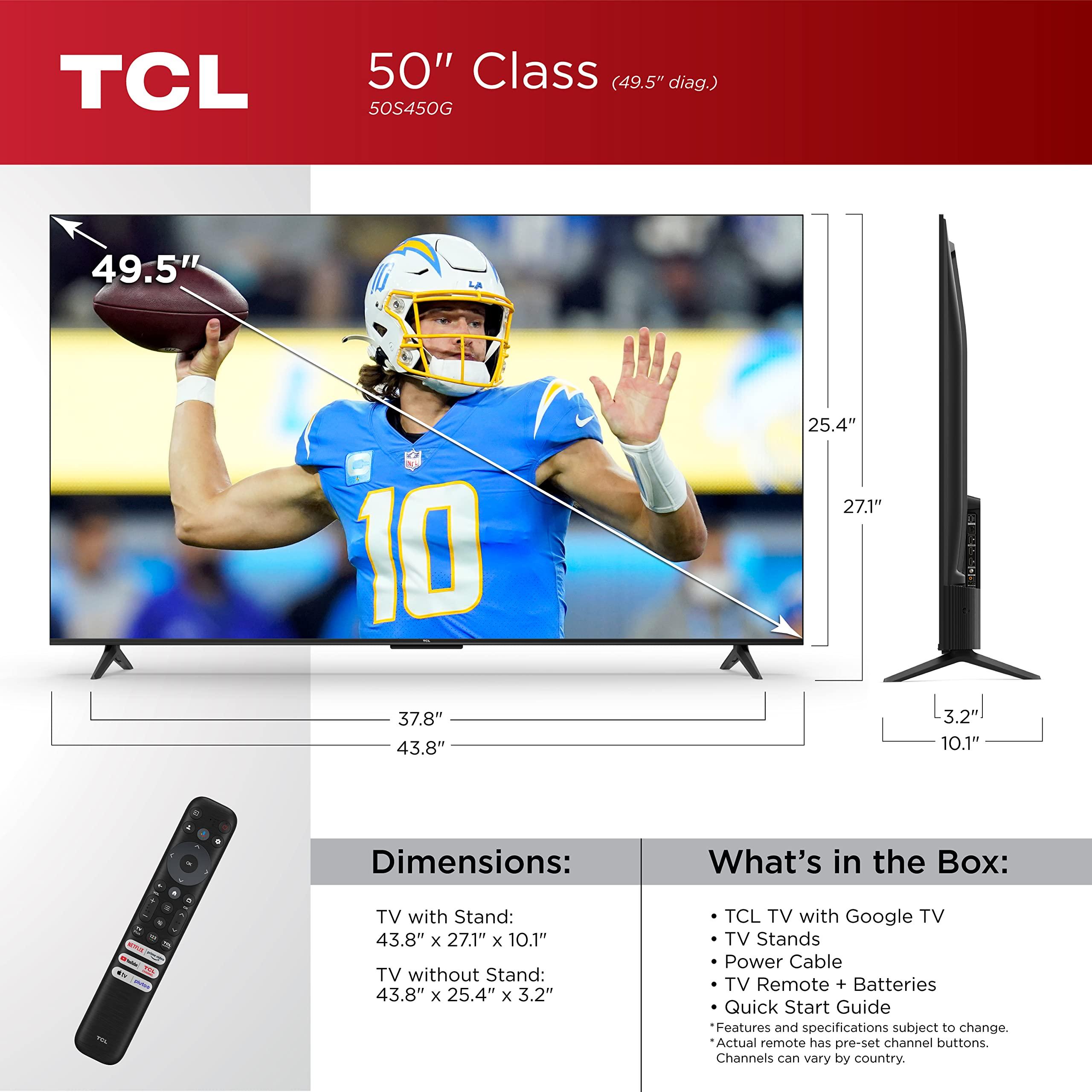 TCL TCL 50-Inch Class S4 4K LED Smart TV with Google (50S450G, 2023 Model), Dolby Vision, HDR Pro, Atmos, Assistant Built-in Voice Remote, Works Alexa, Streaming UHD Television