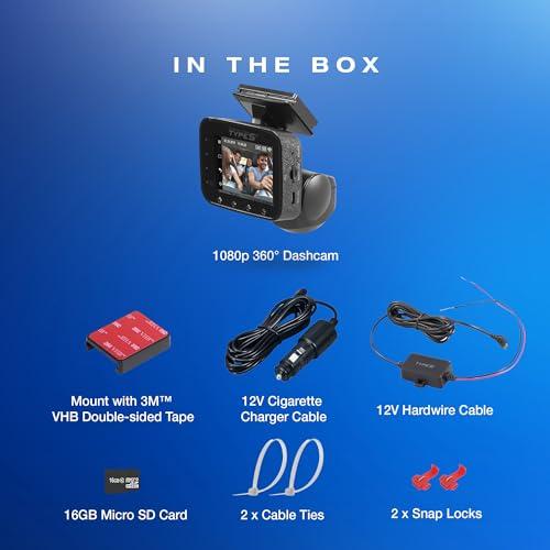 TYPE S TOURING ITEMS Type S P100 Smart 360 Camera Dual Dash Camera Front & Inside, Live Streaming, 1080P FHD w/Wide Viewing Angle, Multiple Recording Modes, VR, Automatic Night Vision, 24 Hour Surveillance, Uber Lyft